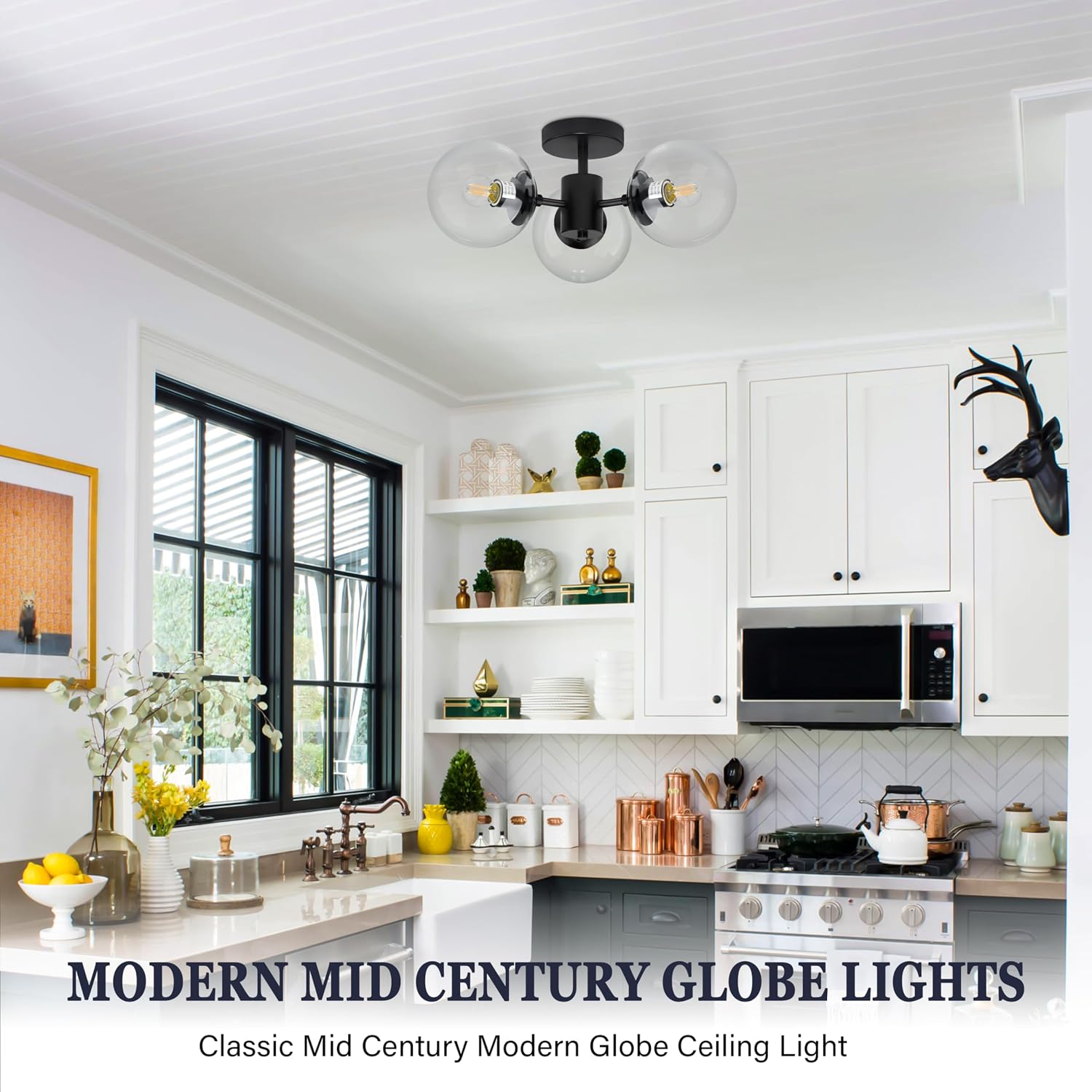Bagood Mid Century 3-Light Clear Globe Glass Black Chandelier 19 Inch Modern Black Semi Flush Mount Ceiling Lights Modern Light Fixtures Ceiling Lights Fixture for Bedroom Hallway Entryway