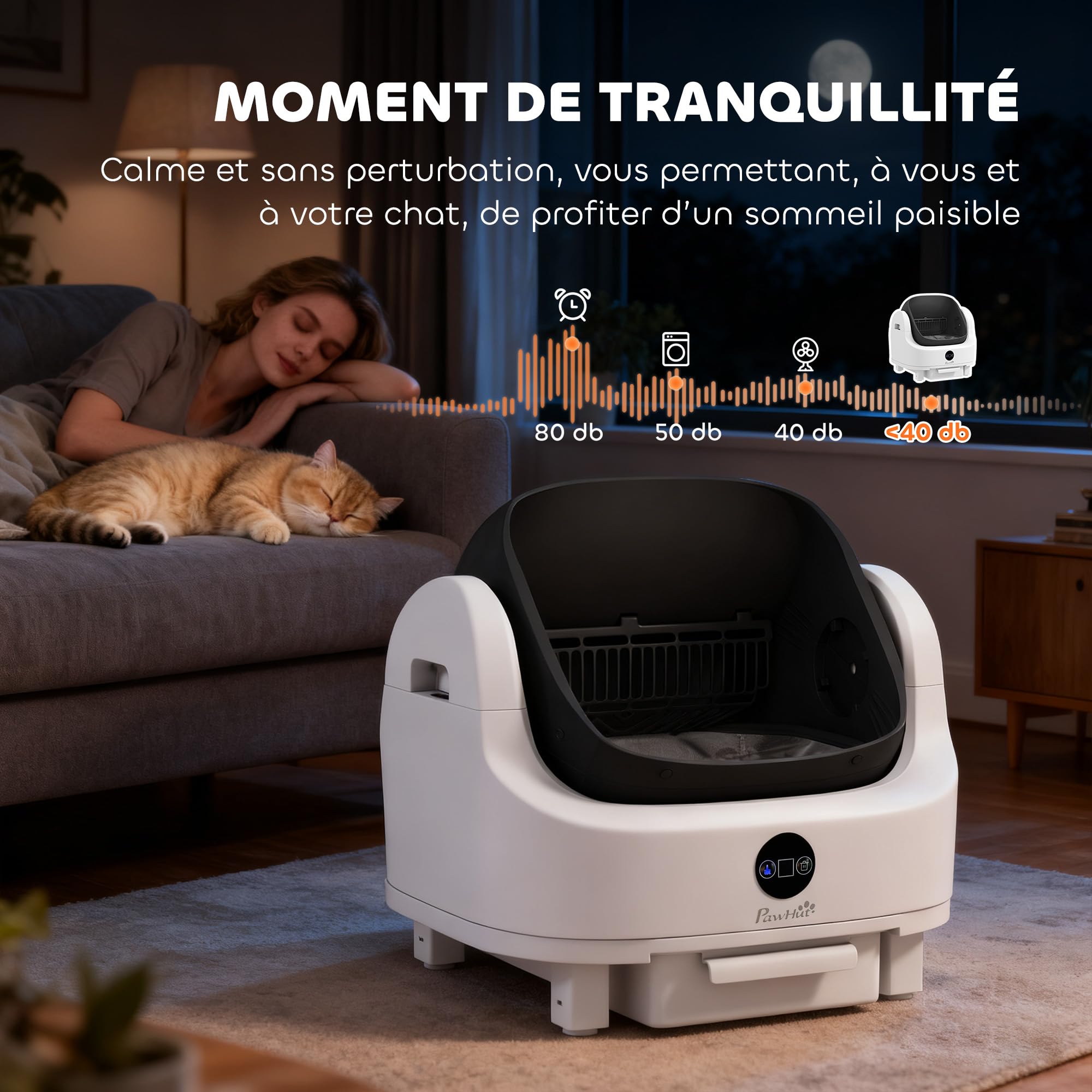 PawHut Litière Chat Autonettoyante Ouvert, pour Plusieurs Chats Blanc | Bac à Litière pour Chat Automatique, Isolation Odeurs/Protection Sécurité, Sac Poubelle, Grande Poubelle