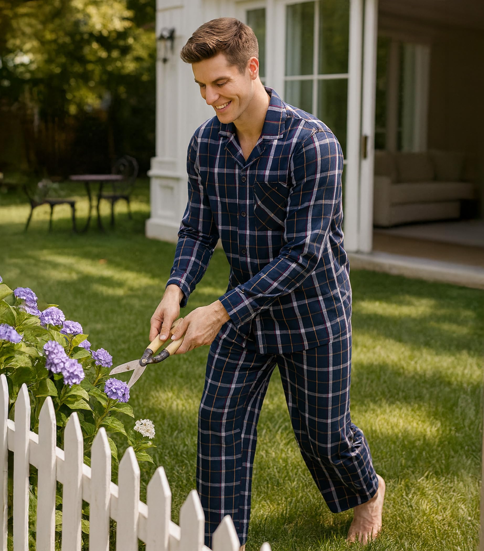 DAVID ARCHY Conjunto de Pijama de algodón para Hombre, Camiseta de algodón de Manga Larga con Pantalones Largos, Ropa de Dormir de Dos Piezas, Ropa de Dormir Suave y Transpirable, Pack de 1
