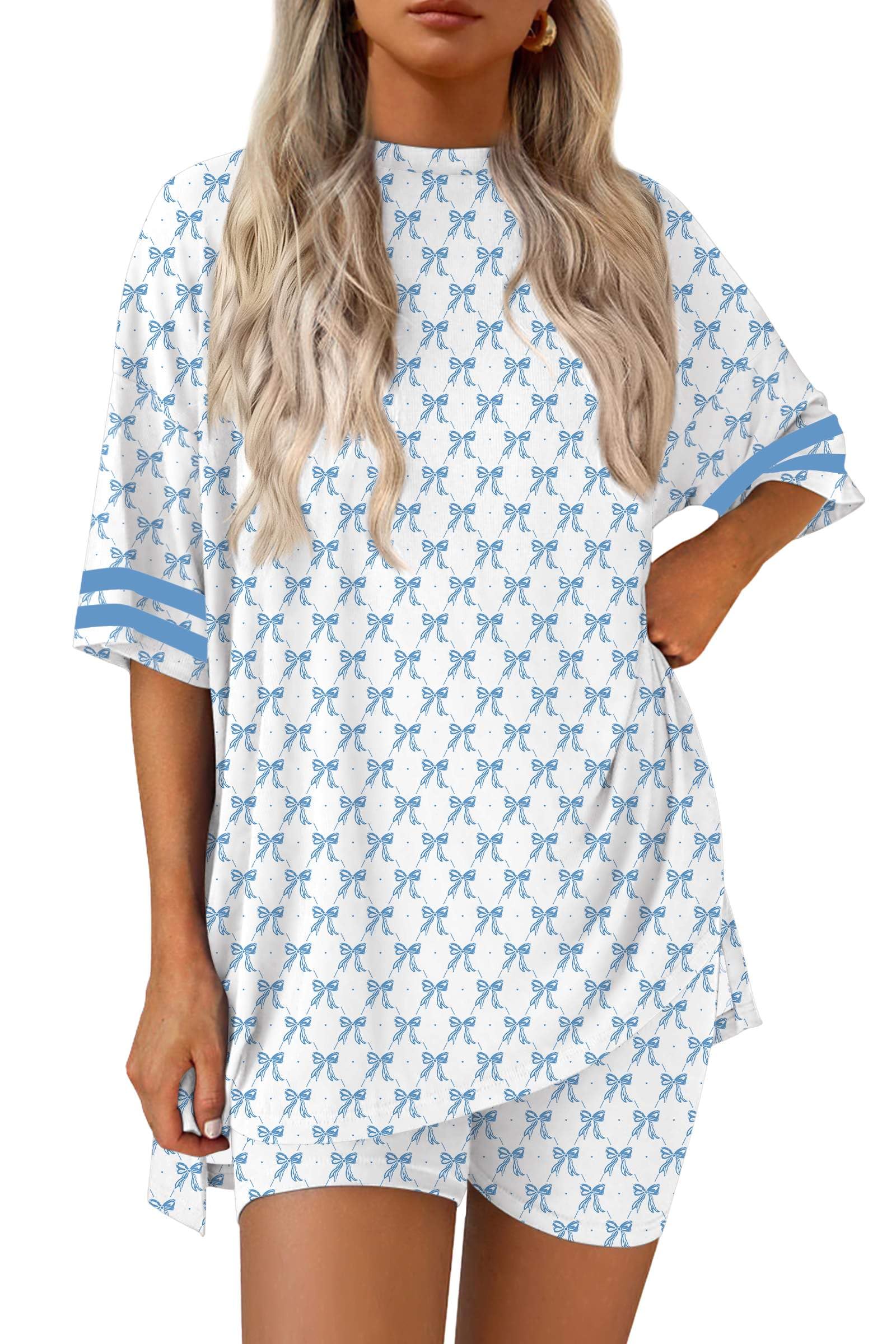 Ekouaer Womens Pajamas Casual 2 Piece Short Sleeve Biker Shorts Lounge Set