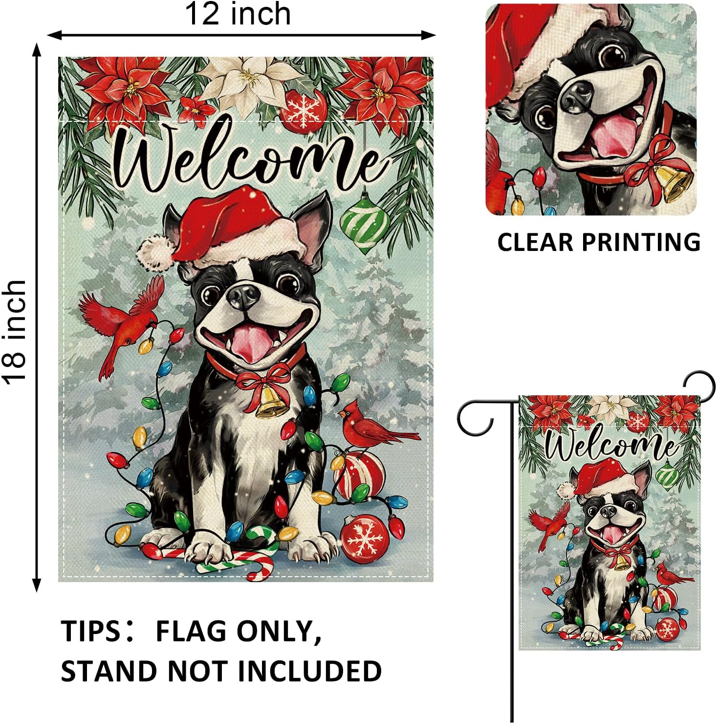 Welcome Christmas Boston Terrier Dog Decorative Garden Flag, Xmas Cardinal Poinsettia Yard Outside Decoration Pet Owner Lover Gift, Winter Holiday Outdoor Small Home Decor Double Sided 12 x 18 - Image 2