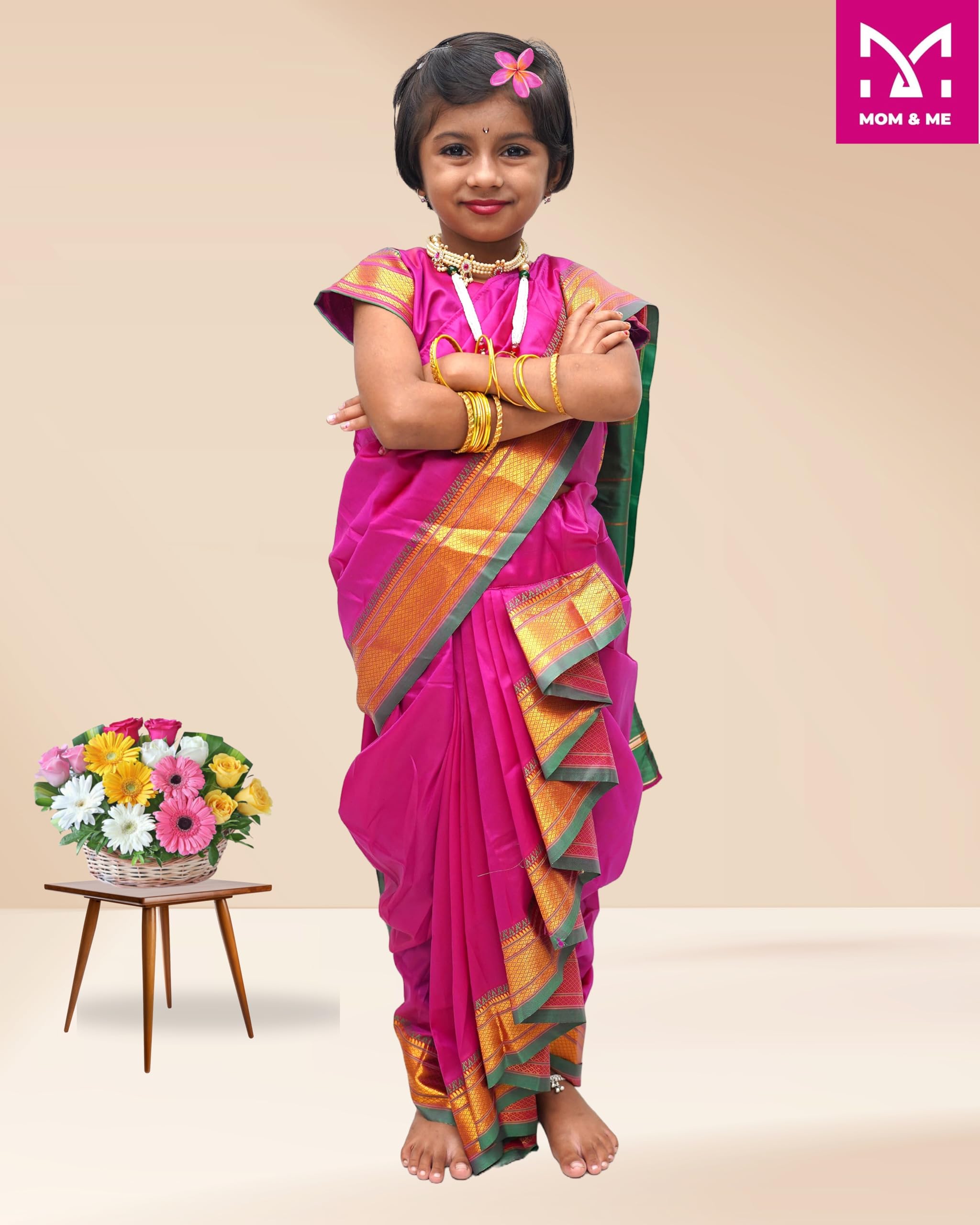 Mom and Me Nauvari Saree for Girls/Baby Girl, Ready to Wear, Marathi Maharashtrian Traditional Saree, Festival Outfit for Puja, Ganpati Festival, School Programs stitch Blouse (Purple, 8-9 Years) - Image 7 thumbnail