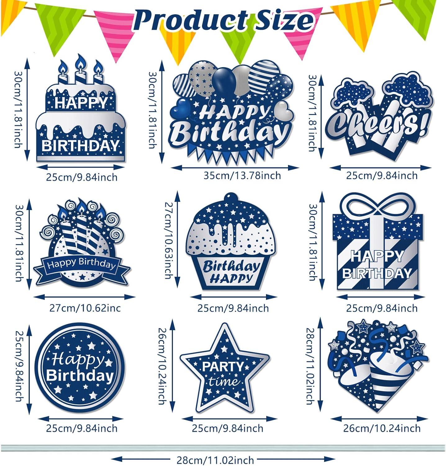 Glenmal 9 Pcs Happy Birthday Yard Signs with Stakes Birthday Lawn Signs Waterproof Outdoor Lawn Sign Balloons Cake Gift Box Outdoor Decor for Party Supplies Outdoor Garden(Blue Silver)