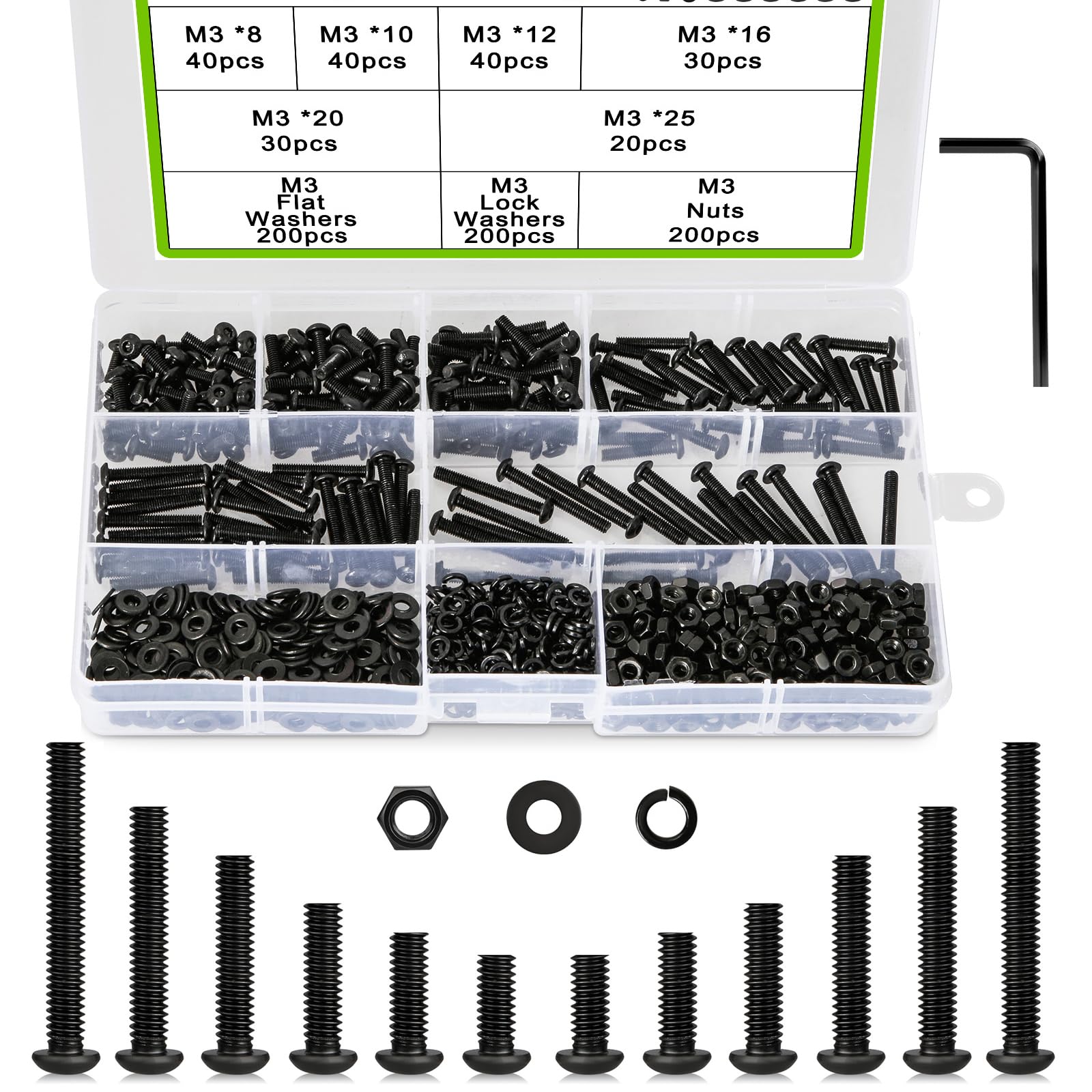 K Kwokker 800Pcs M3 8/10/12/16/20/25mm Hex Button Head Cap Screw Bolts and Nuts Kit, Upgraded Zinc Plated 10.9 Alloy Steel Nuts and Bolts Assortment Kit with Lock Washer Black Metric Machine Screws