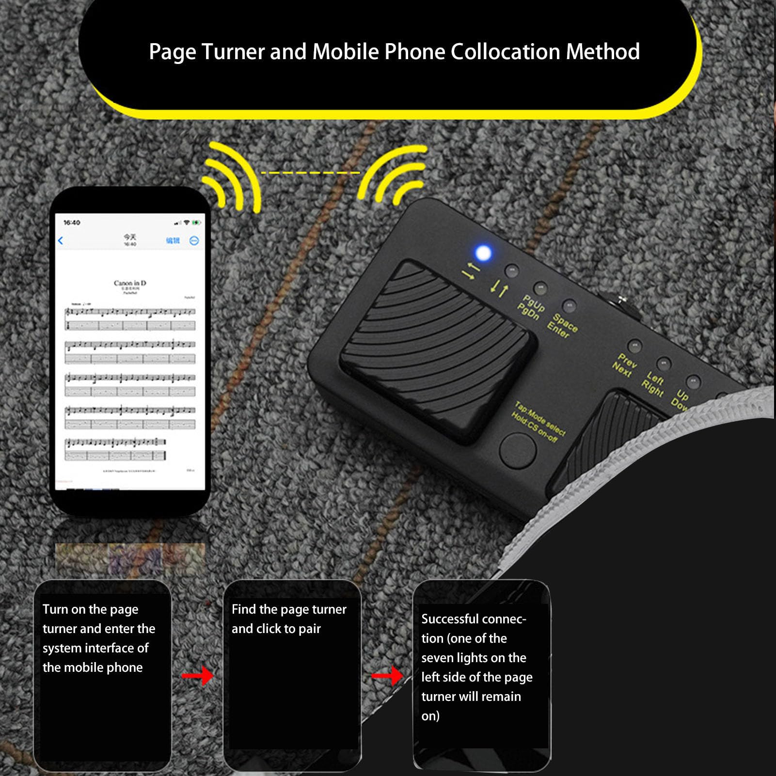 Volteador de Página Bluetooth, Operación Silenciosa Inalámbrico Pedal de Partituras Controlador de Pie para Músicos Piano Guitarra Ensayos Escenario Estudio Grabación