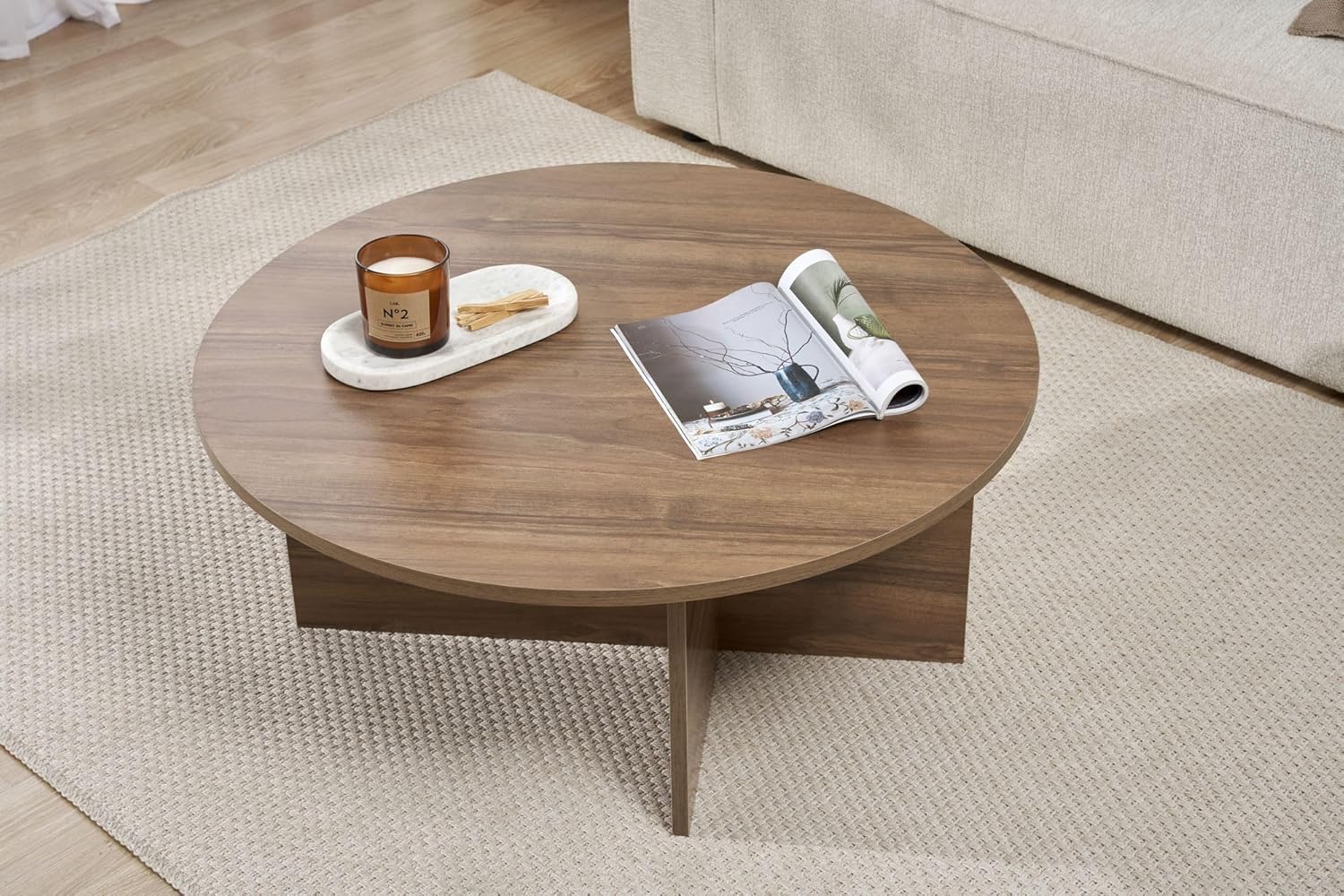 Elegant Walnut Coffee Table, 90 x 90 x 40 cm, 100% Melamine Coated Particle Board, 18 mm Thick, Stylish & Functional for Modern Living Spaces