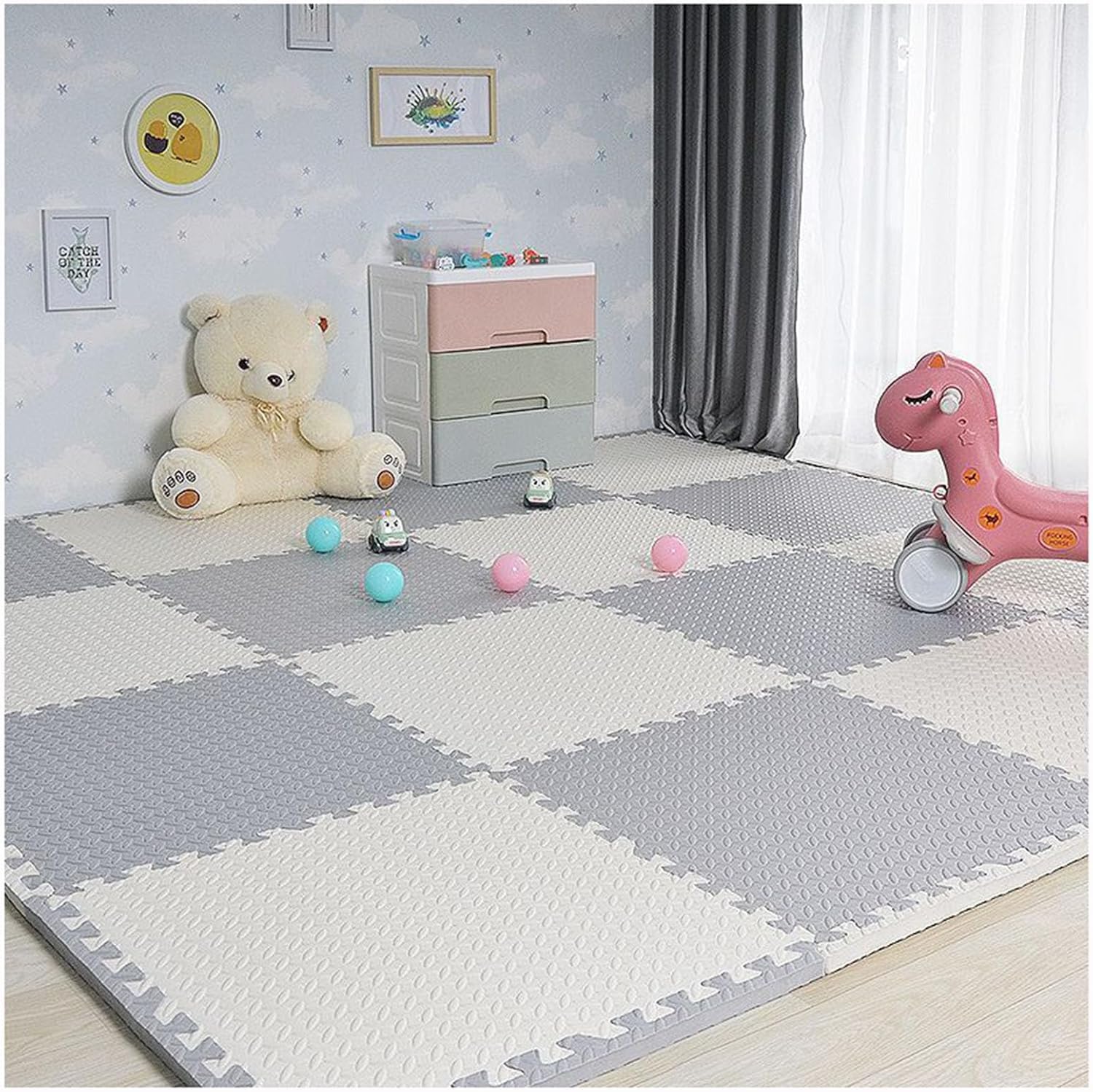 JvFbjLF 10 Pcs 30cm/60cm Foam Floor Tiles Square Interlocking Floor Mat DIY Puzzle Play Mat(Gray+White,12x12inch)