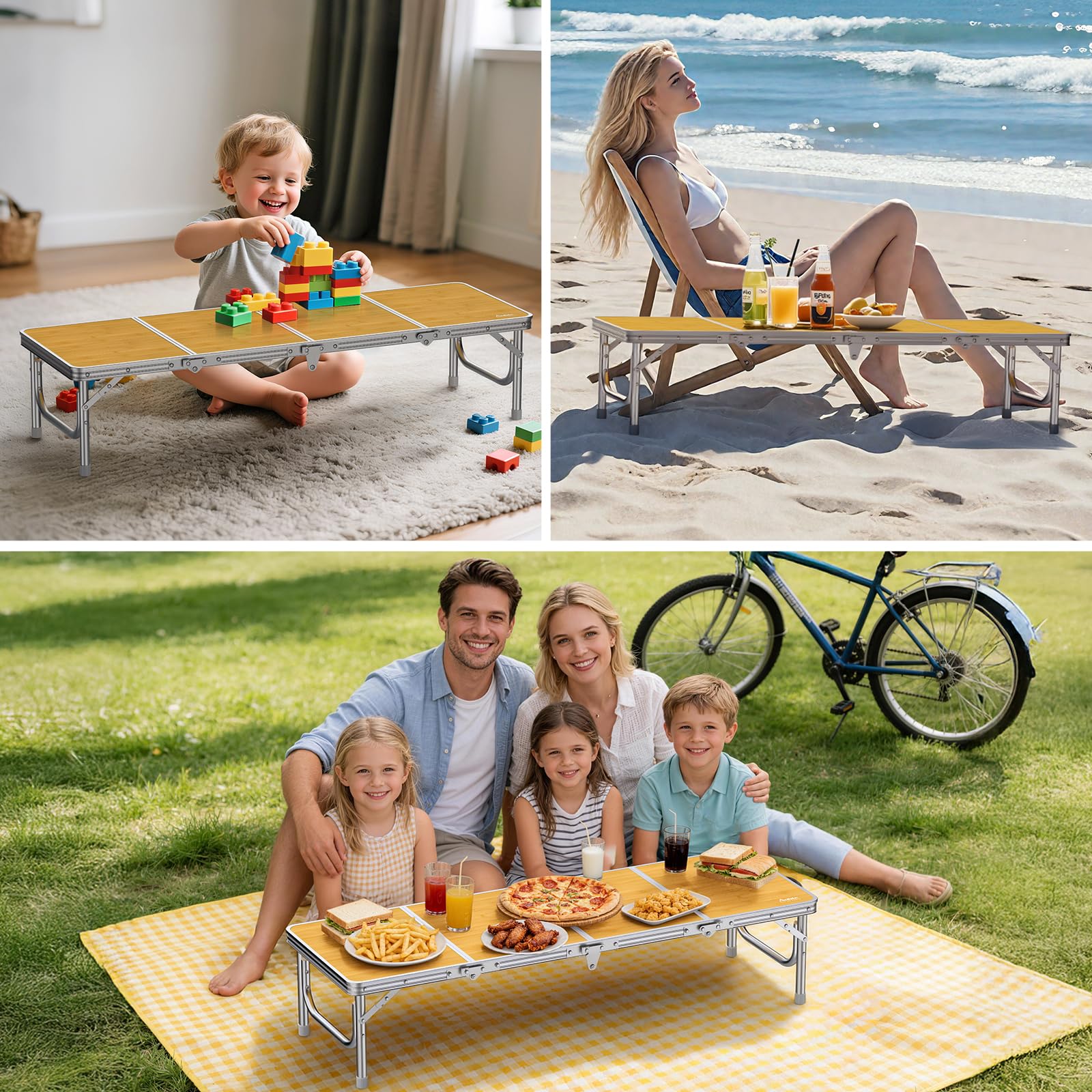 Anbte Mesa Plegable Camping 116 x 40 x 26.2cm con Aluminio Impermeable Mesa Playa Portátil,Grosor del Bisel es de 3,5 cm,Soporta 30 kg para Camping Playa Fiesta Picnic Suelo Color Raya de Bambú