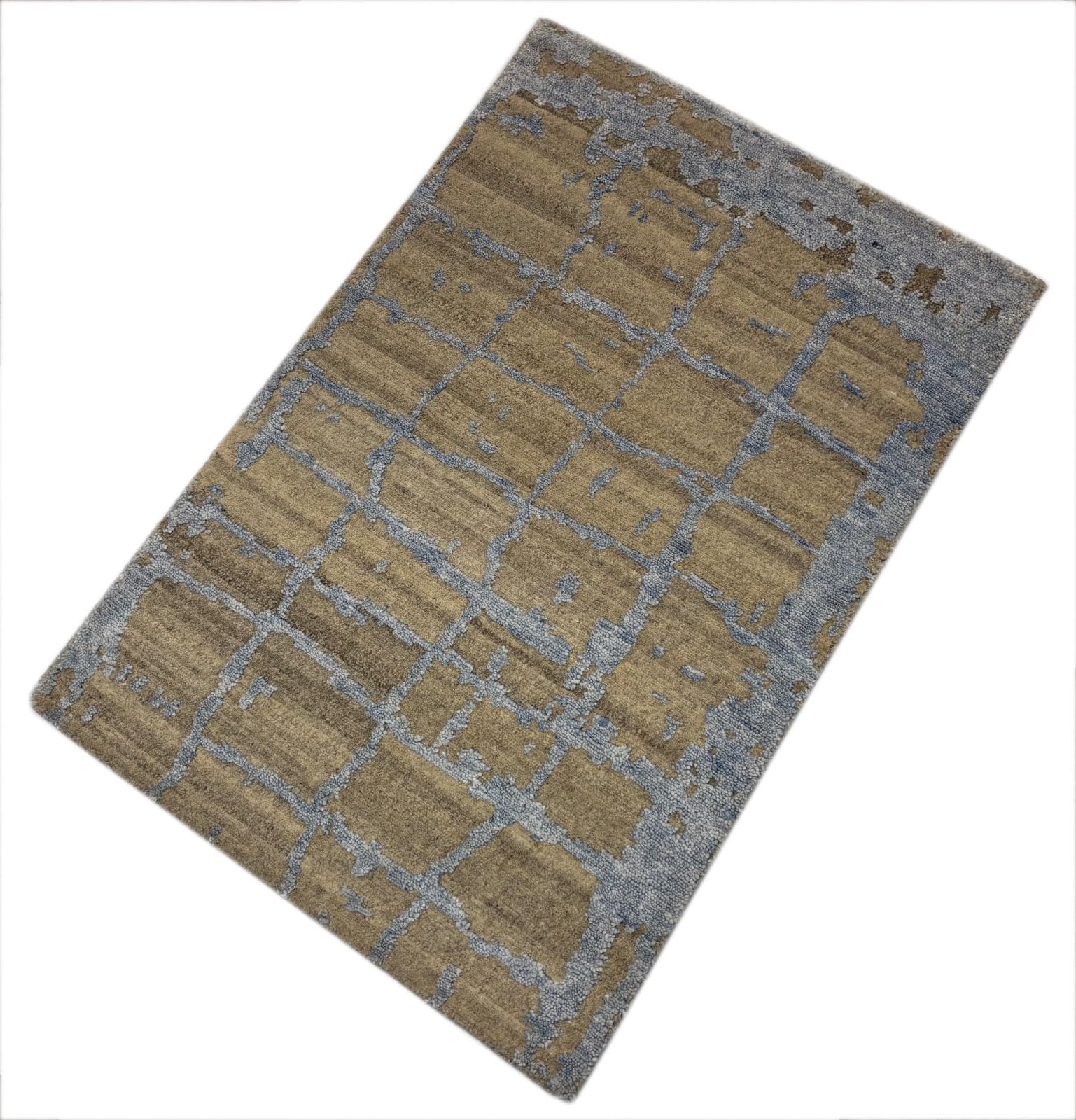 R116 Tapis design noué à la main - En laine de bambou - Beige et bleu - Brillant soyeux - 60 x 90 cm