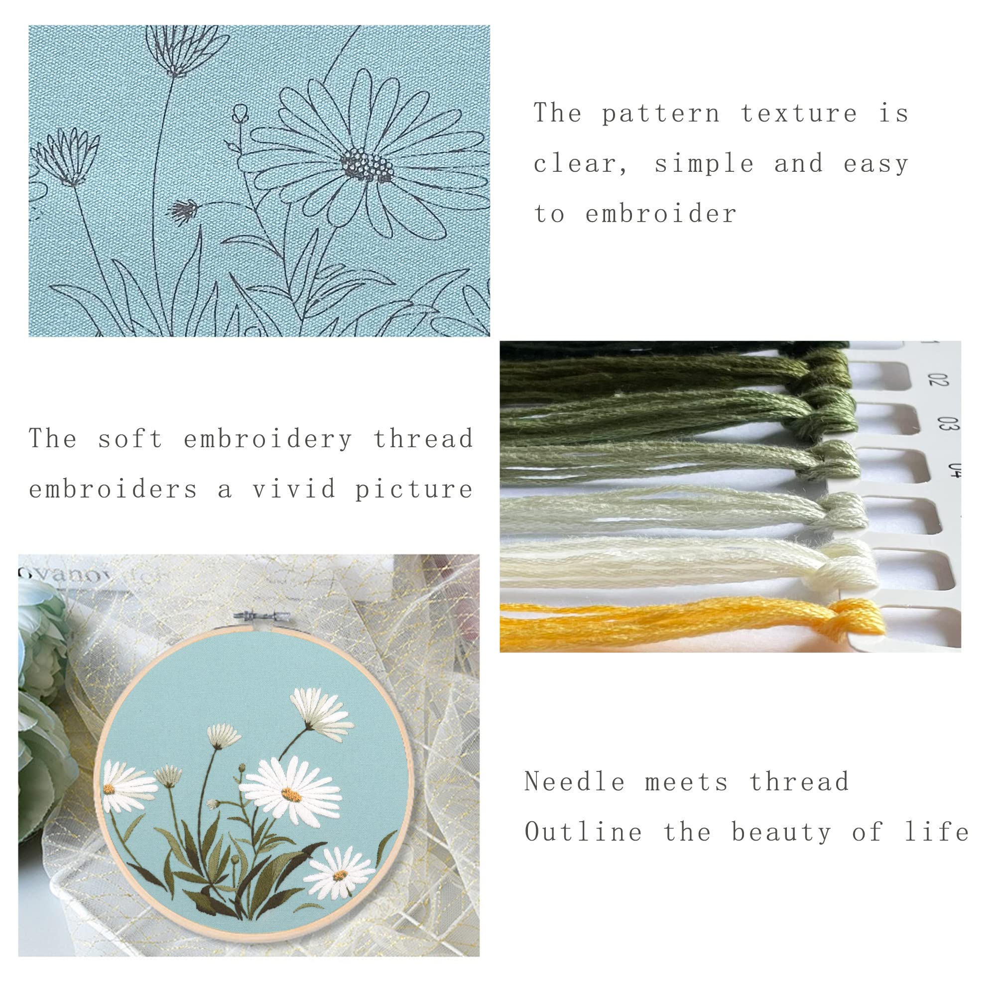 3-Set Beginner Embroidery Kit For Adults & Kids - Floral Stamped Patterns With Hoop, Threads, Needles & Storage Bag - DIY Craft Gift