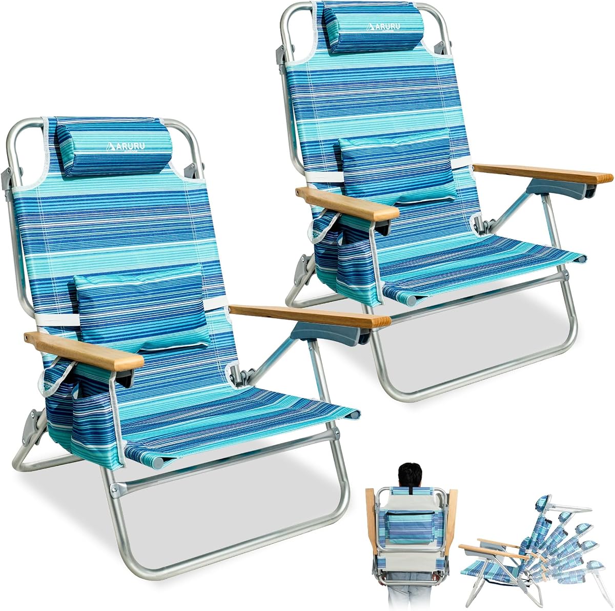 Beach Chairs for Adults 2 Pack, Portable Folding Backpack Beach Chair Heavy Duty 5-Position Lay Flat with Cooler Bag, Cup Holder for Outdoor/Lawn/Picnic/Camping