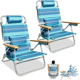Beach Chairs for Adults 2 Pack, Portable Folding Backpack Beach Chair Heavy Duty 5-Position Lay Flat with Cooler Bag, Cup Holder for Outdoor/Lawn/Picnic/Camping