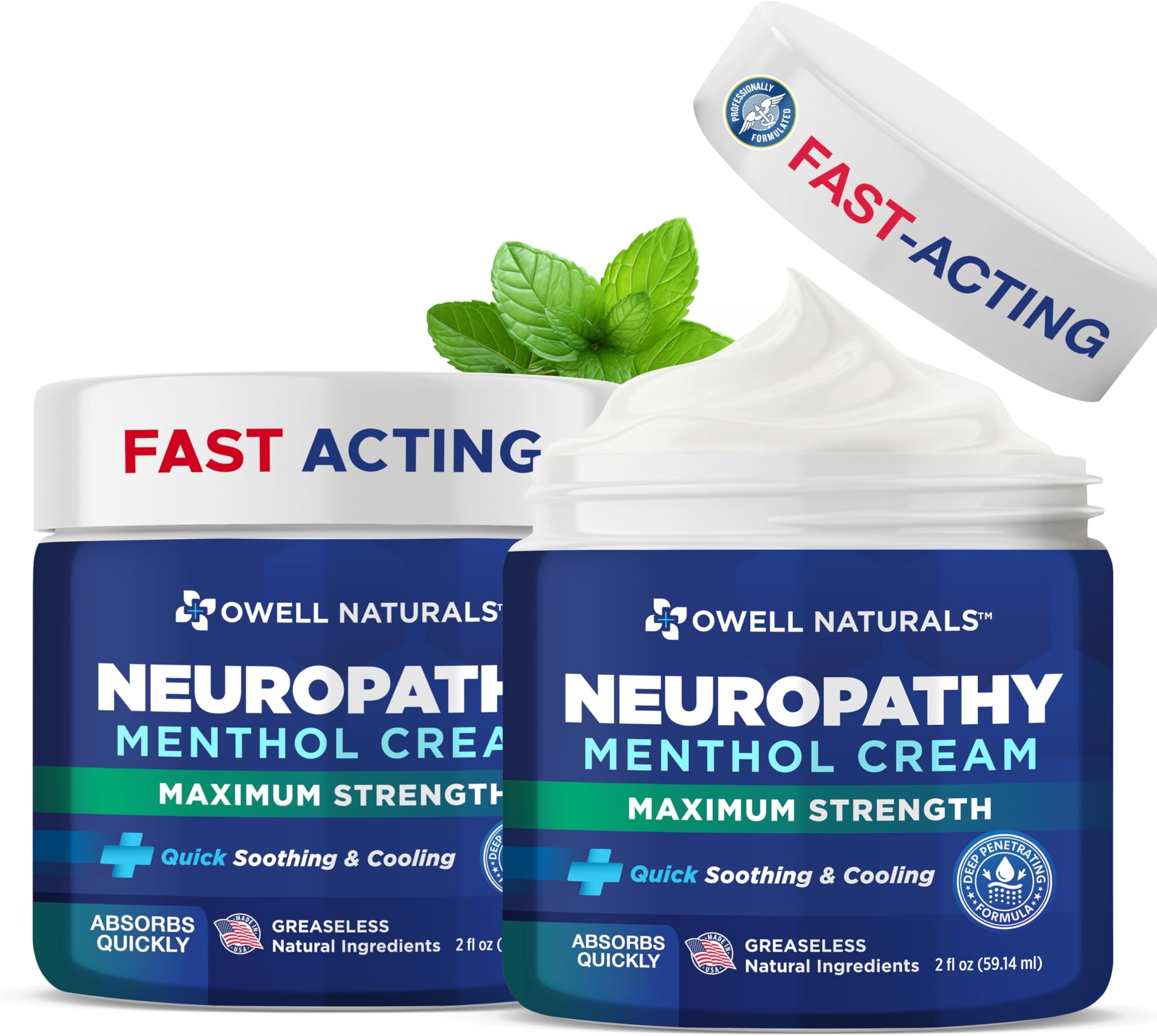 Owell Naturals Neuropathy Cream Extra Strength – Fast Absorbing Cooling for Leg, Feet & Hands – Advanced Soothing Formula with Aloe Vera, Arnica, MSM & Vitamin B6 – Made in USA, 2 fl oz (2 Pack)