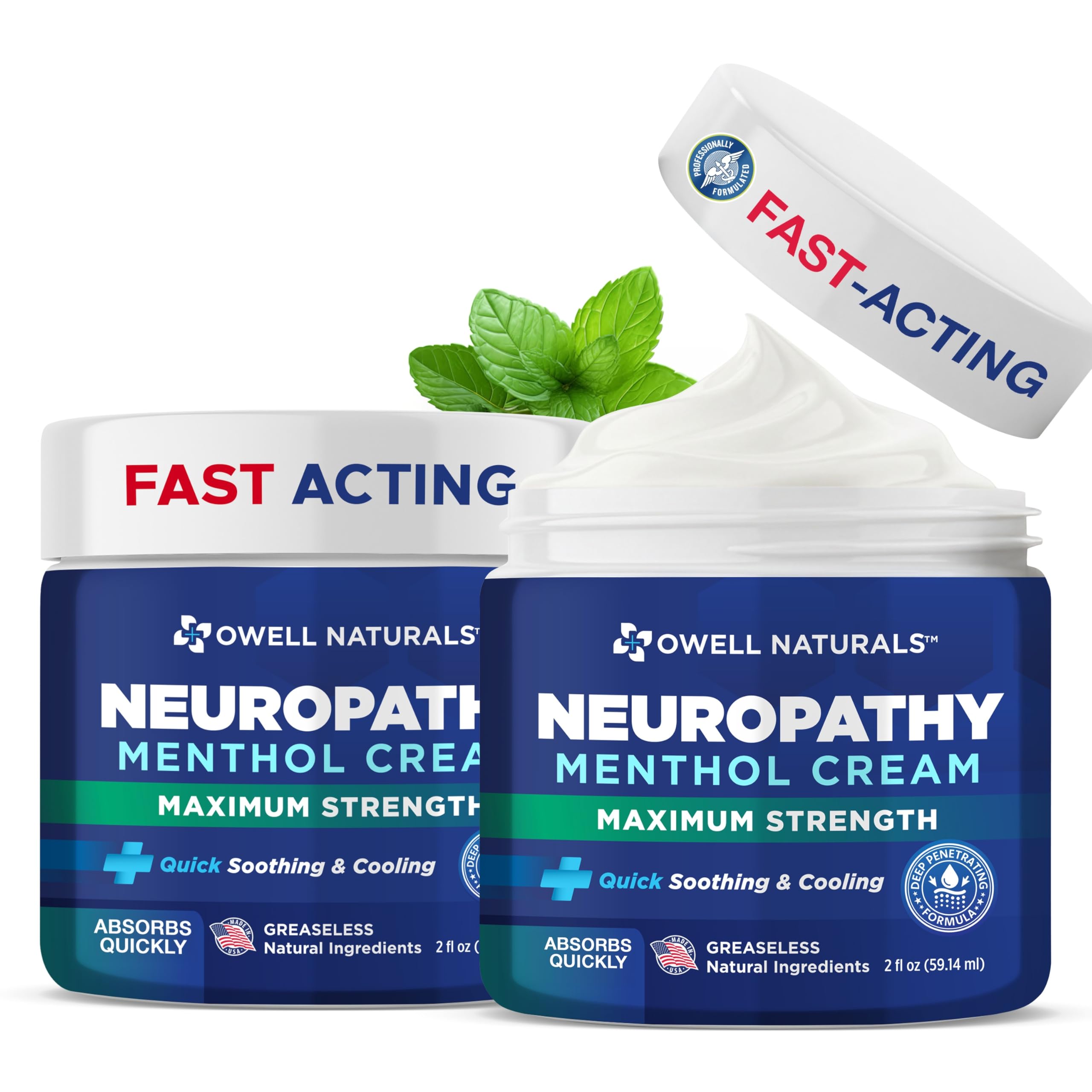 Owell Naturals Nerve Soothing Cream, Maximum Strength, Non Greasy, Natural Ingredients Arnica, Aloe Vera, MSM, for Feet, Hands, Legs, Toes, 2 Fl Oz (Pack of 2)