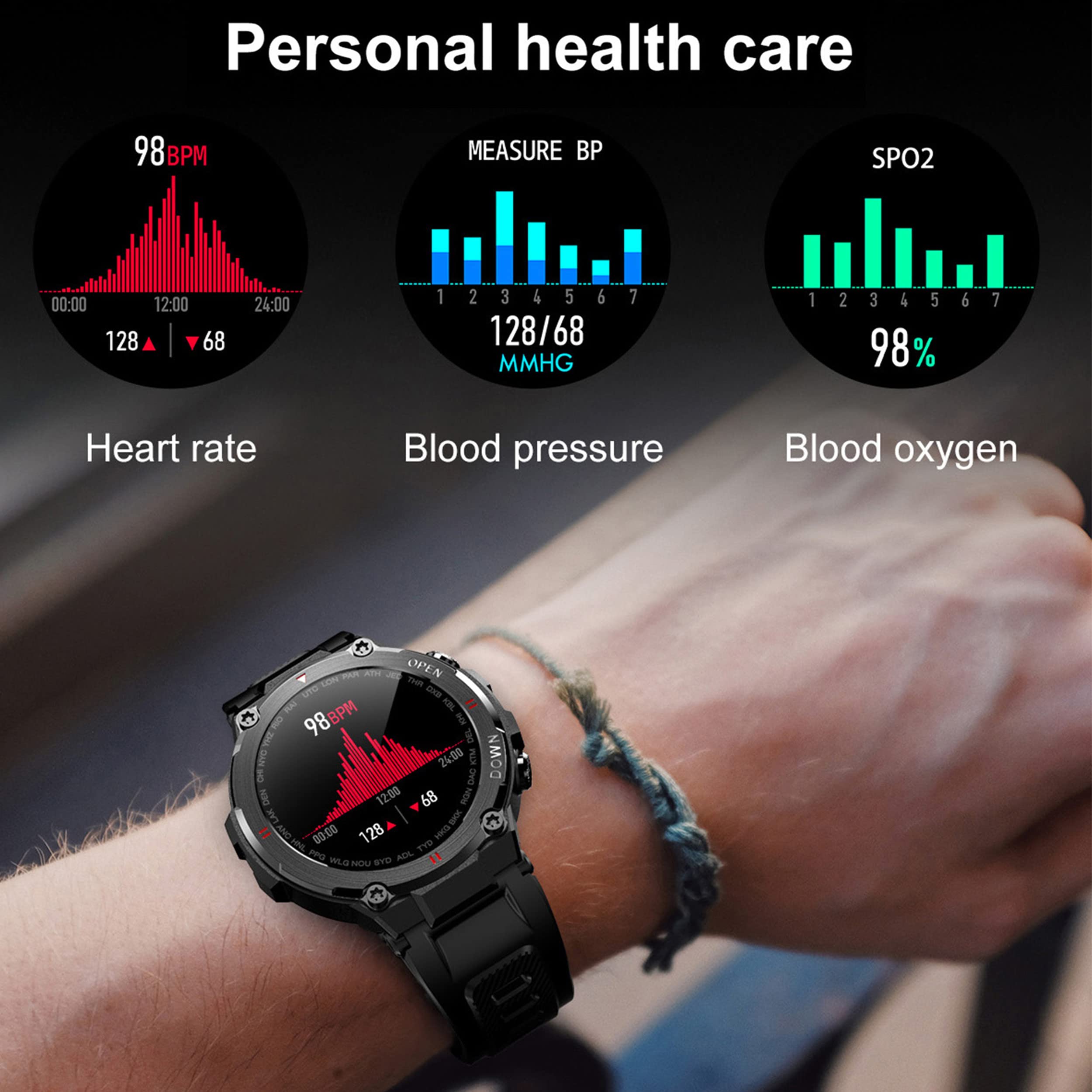 Reloj Inteligente para Hombre, Bluetooth, IP67, Resistente al Agua, Pulsera Inteligente para Cardio y podómetro, smartwatch Deporte, Fitness, rastreador de Actividad, Control de música