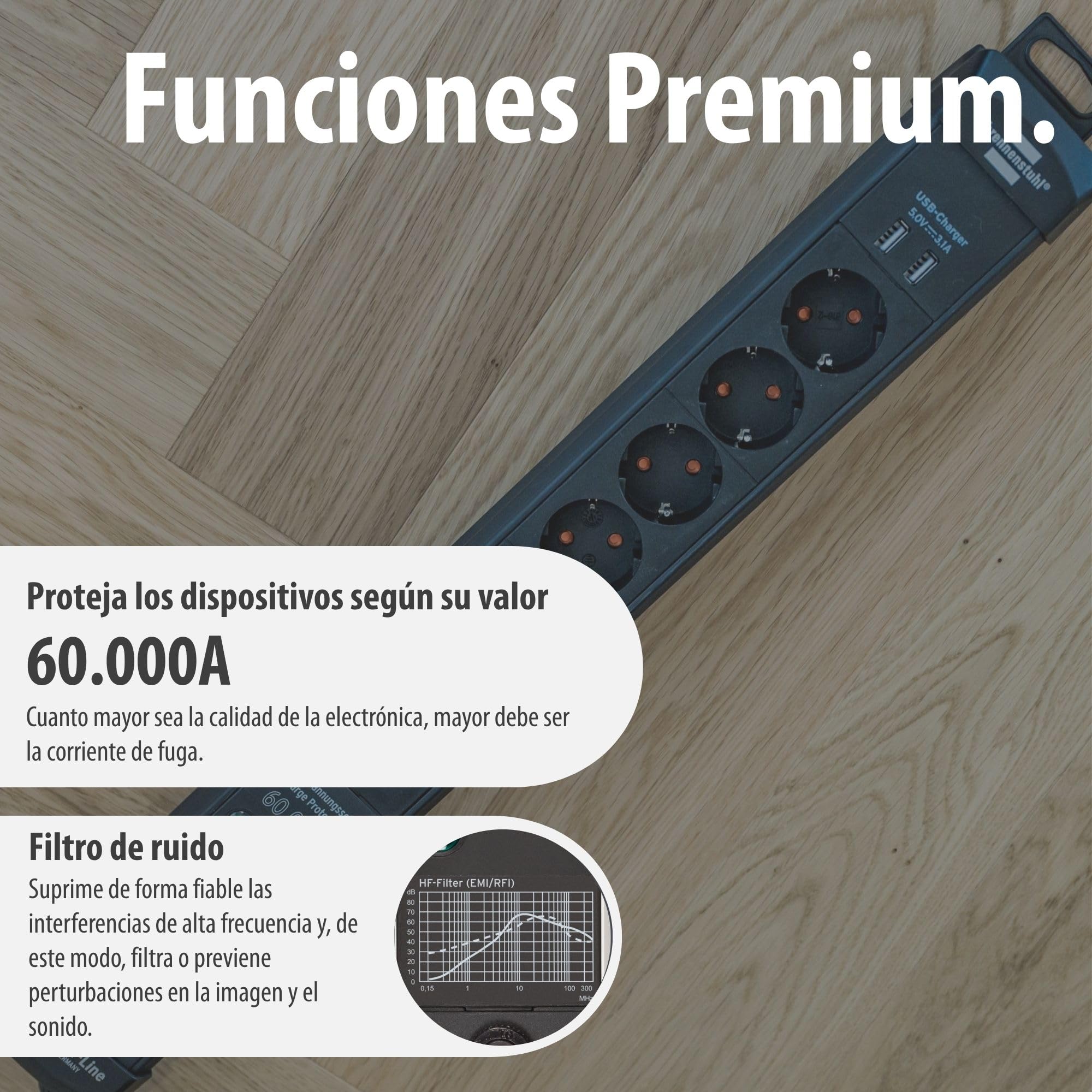 Brennenstuhl Premium-Line regleta enchufes de 6 Tomas con protección contra sobretensiones hasta 60.000A (Cable de 3m, 2X Cargador USB 3.10A, montable, Fabricado en Alemania) Negro