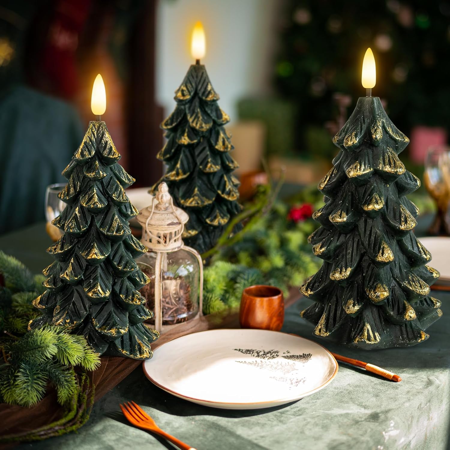 Green Christmas Tree Shaped Flameless Candles with Timer, Real Wax 3D Wick Flickering Battery Operated LED Candles for Christmas Home Party Decoration Set of 3