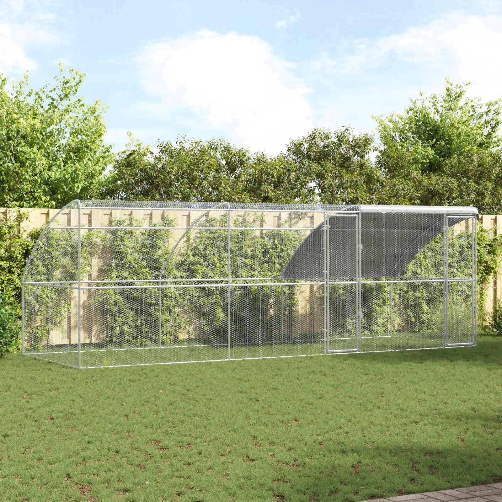 Gabbia per polli, 3 pezzi, argento, 600 x 200 x 200 cm, in acciaio e PE, gabbia per polli, conigli, oce, colombe e quaglie, 2 ante