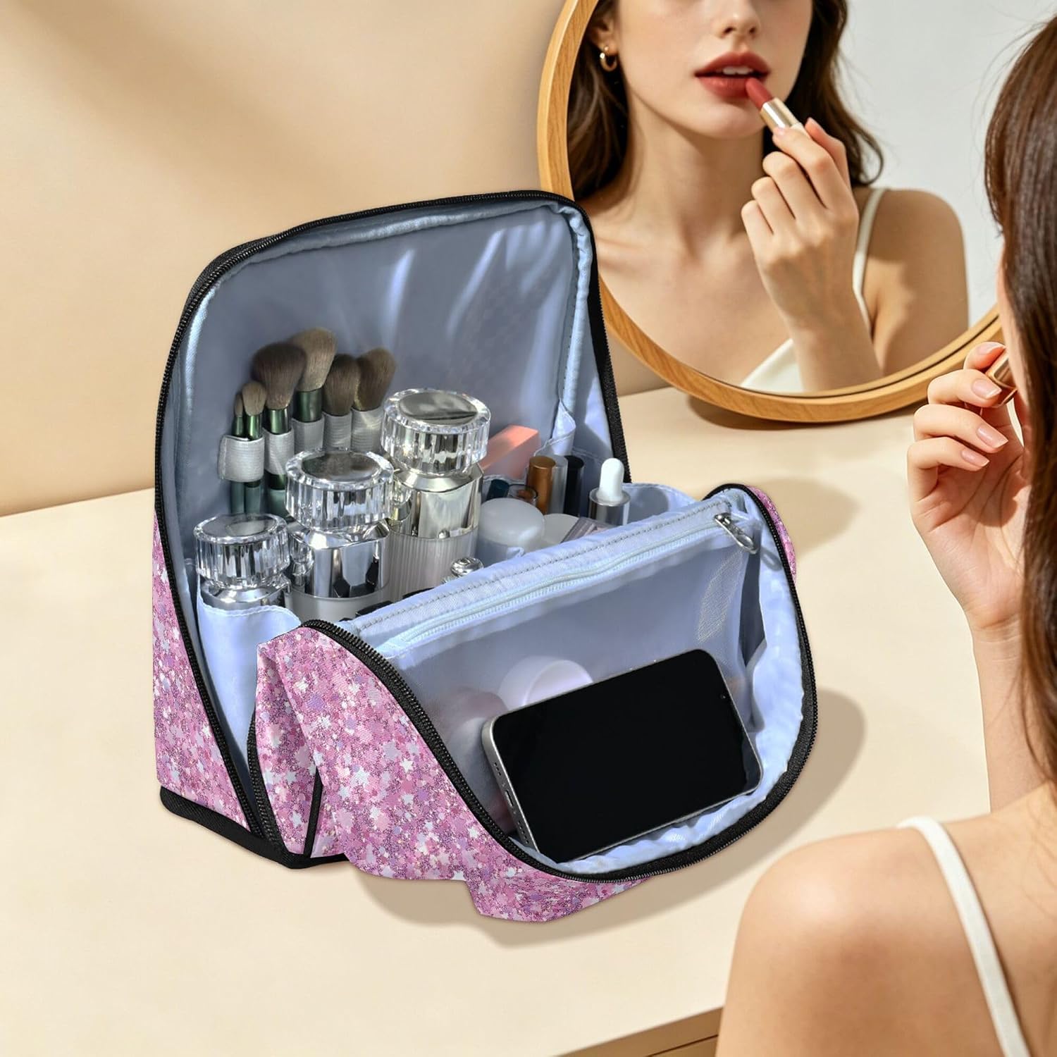 MNSRUU Travel Makeup Bag with Divider Brush Holder Pink Glitter image 4