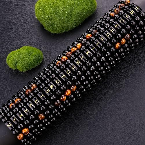 Miniatura 8 de 10MM Black Onyx Stone Initial Bracelet for Men Letter Link Handmade Tiger Eye Bead Braided Rope Bracelet Gifts Mens Bracelet (A)