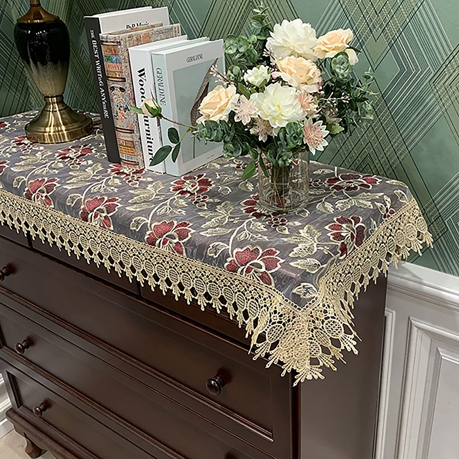 Kjaksxnse Red Table Runner Rustic Floral Table Runner White Doily Embroidery Rose Runnerembroide Lace Runners Doilies For Dressers And Nightstand Scarf Antique Mantel Coffee 2 Colors(,74*150Cm)