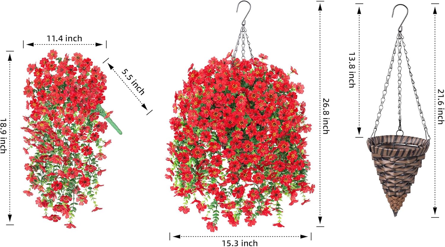 HyeFlora Artificial Hanging Flowers Basket for Outdoor, Fake Flowers Faux Plants Look Real for Yard Gardens Porch Patio Home (Red)