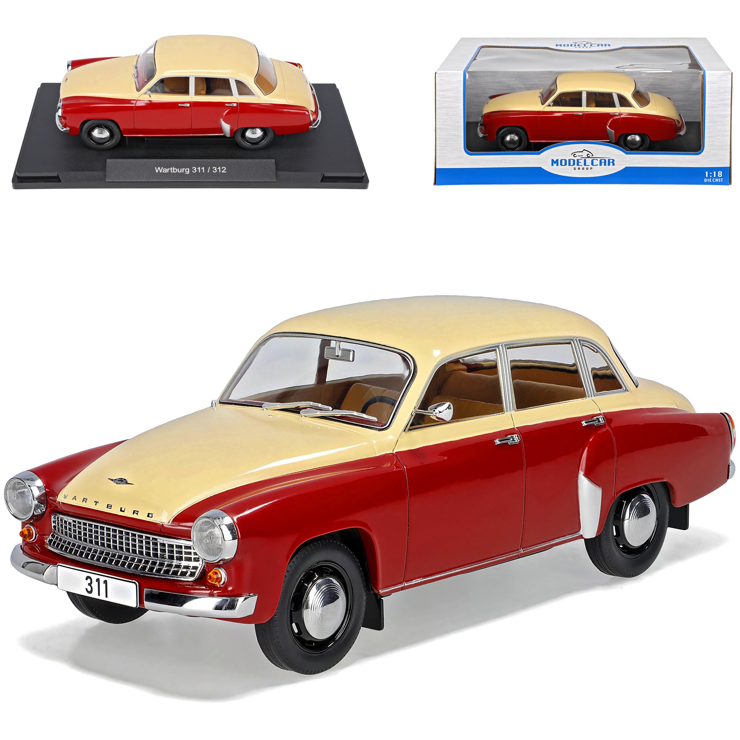 alles-meine.de GmbH Wartburg 311 Limousine Dunkel Rot Beige 1955-1965 1/18 Model Car Group Modell Auto mit individiuellem Wunschkennzeichen
