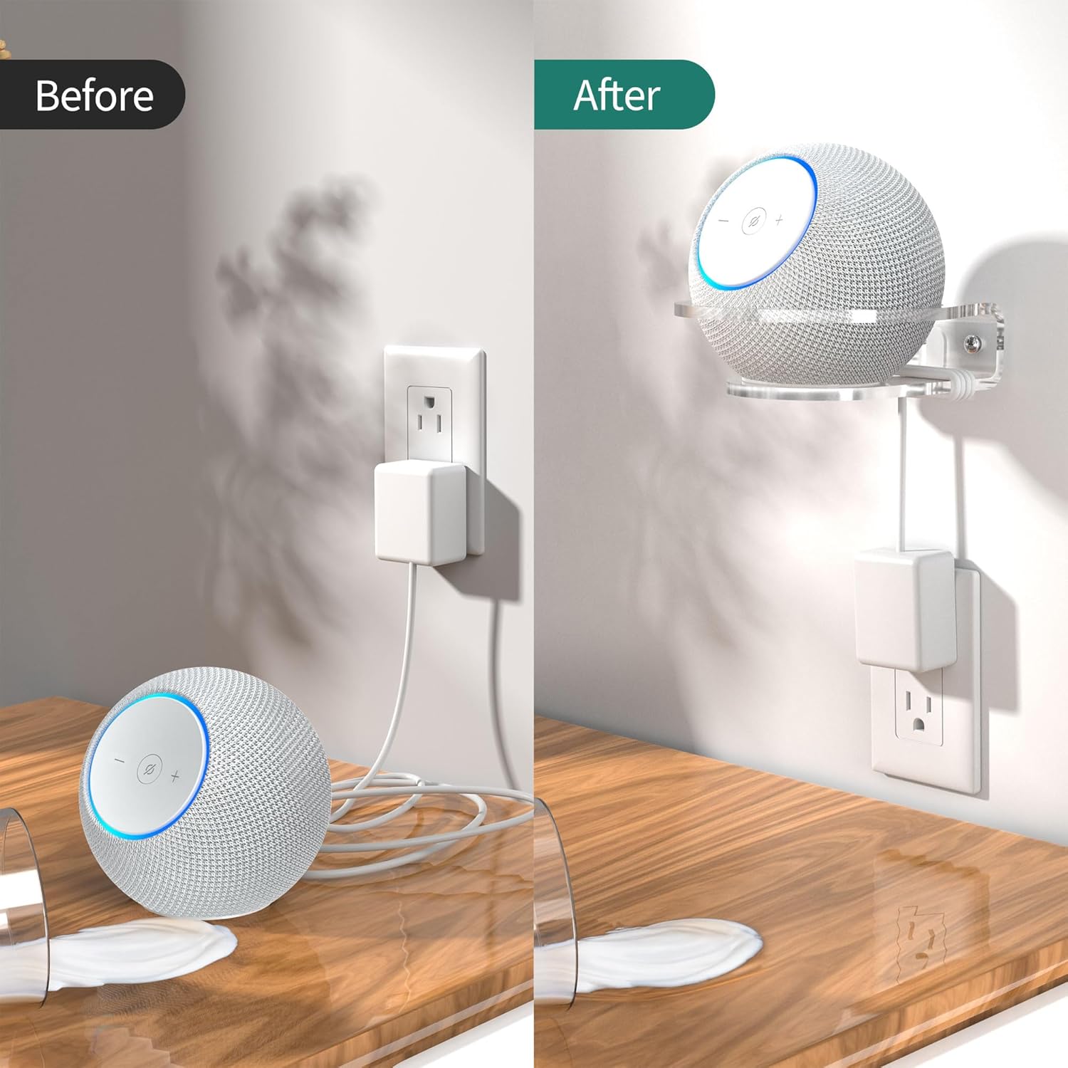 PlusAcc Wall Mount for Dot Max & Dot 5 - Sturdy Clear Shelf for Homepod Mini, Space Saving Holder Bracket, Built-in Cable Management (1 Pack) - Image 4