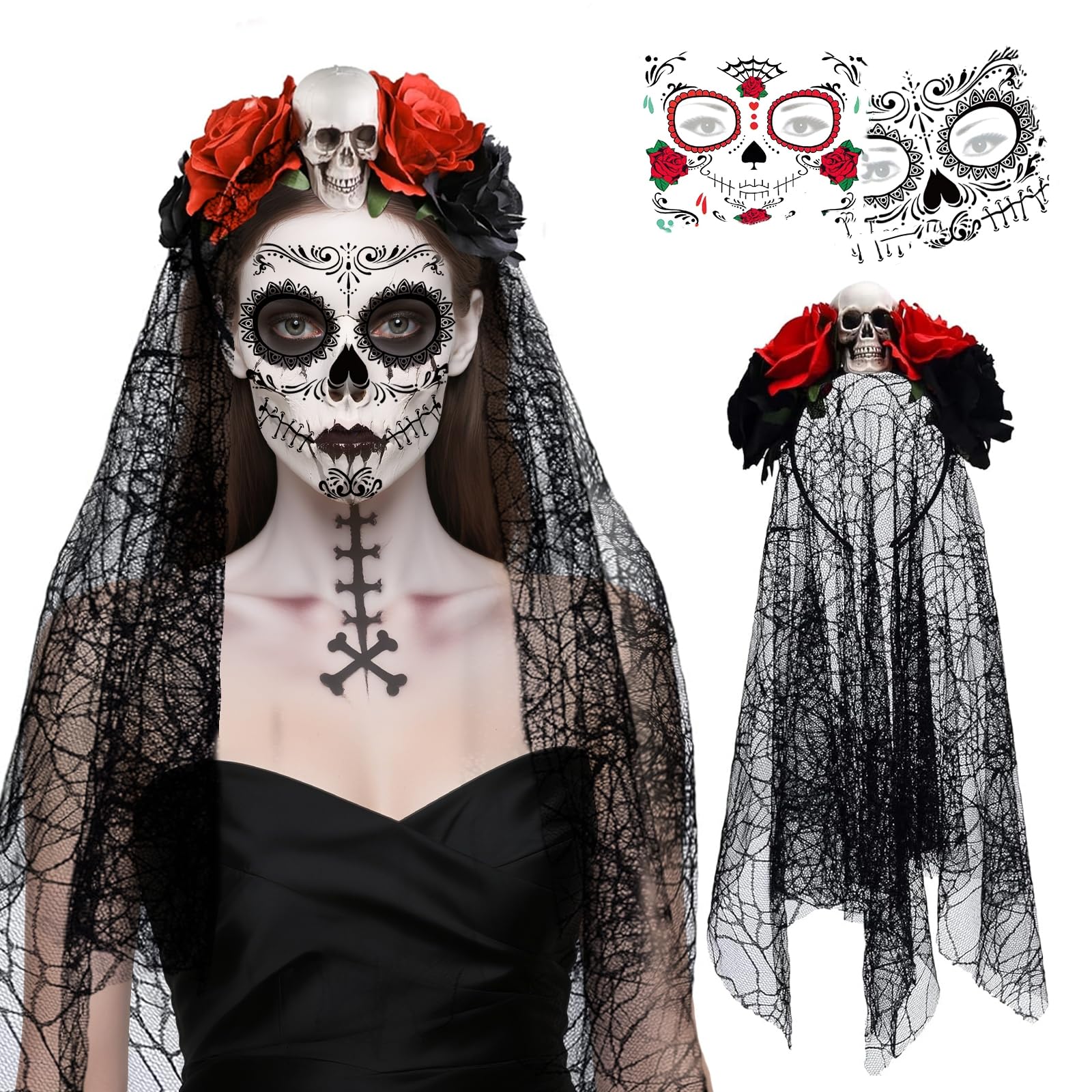 dellyy Diadema Catrina Mujer, Diadema Mexicana Halloween Mujer, Velo Negro, Tatuajes Temporales, Accesorios de Disfraz de Halloween para Mujeres para Carnaval