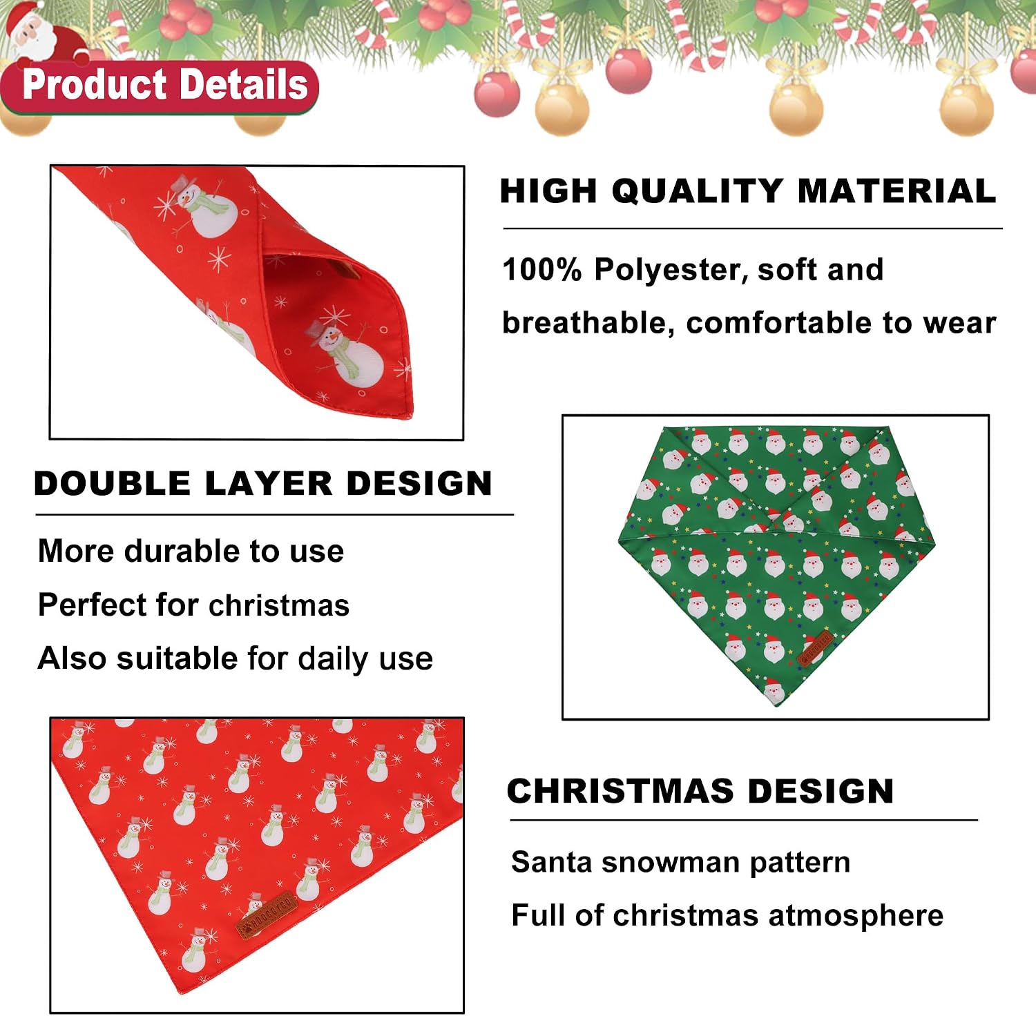 ADOGGYGO Christmas Dog Bandanas 2 Pack, Reversible Santa Snowman Xmas Pet Scarf Bib, Adjustable Fit Red Green Christmas Bandana for Medium Large Dogs (Large) image 5