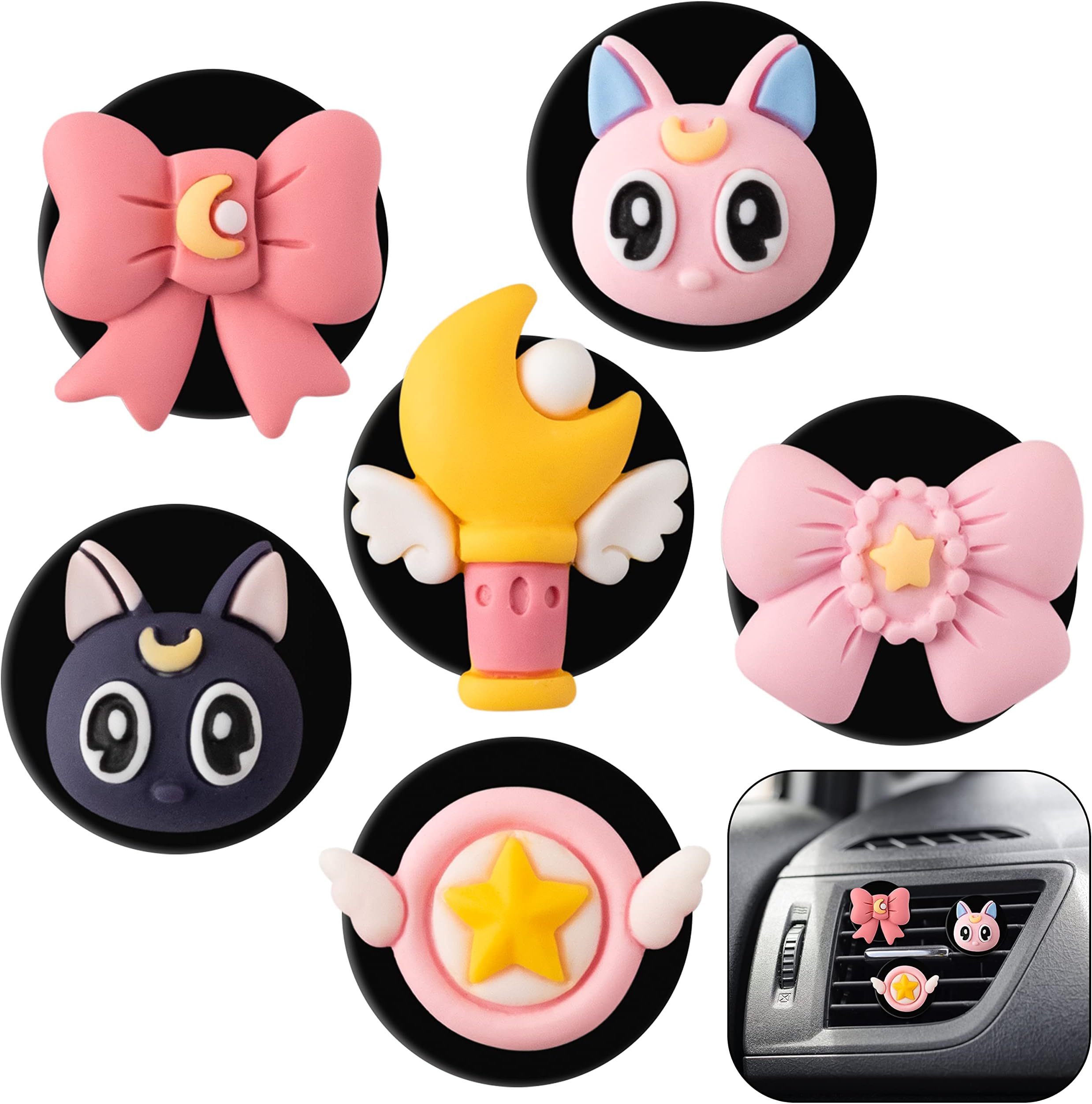 Aforts Ftage 6Pcs Anime Moon cat Artemis Girl Car Vent Clip Decorations Car Air Conditioning Outlet Clip Pink Cute Aromatic Car Interior Freshener Accessories Decor for Girls Women