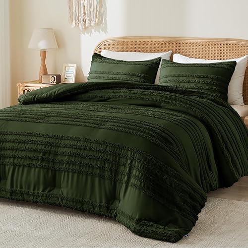 Miniatura 12 de BEDELITE Juego de edredón bohemio tamaño Queen, juego de cama de 3 piezas a rayas beige copetudo, edredón vintage de granja suave y crema para todas