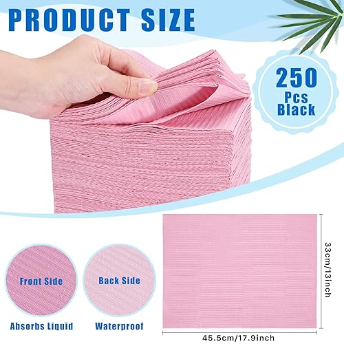 Miniatura 2 de 250 baberos dentales, baberos dentales desechables rosados, 3 capas impermeables para tatuajes, baberos suaves y resistentes a los fluidos para