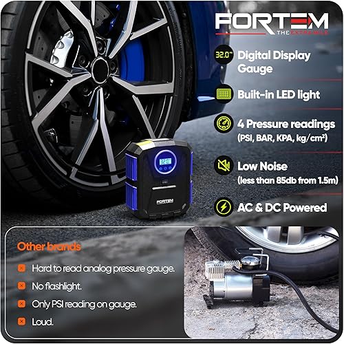 Miniatura 6 de FORTEM Tire Inflator Portable Air Compressor, Air Pump for Car Tires and Bikes, Car Tire Pump wAuto Shut Off, 150 PSI, 12V DC, LED Light, Carrying