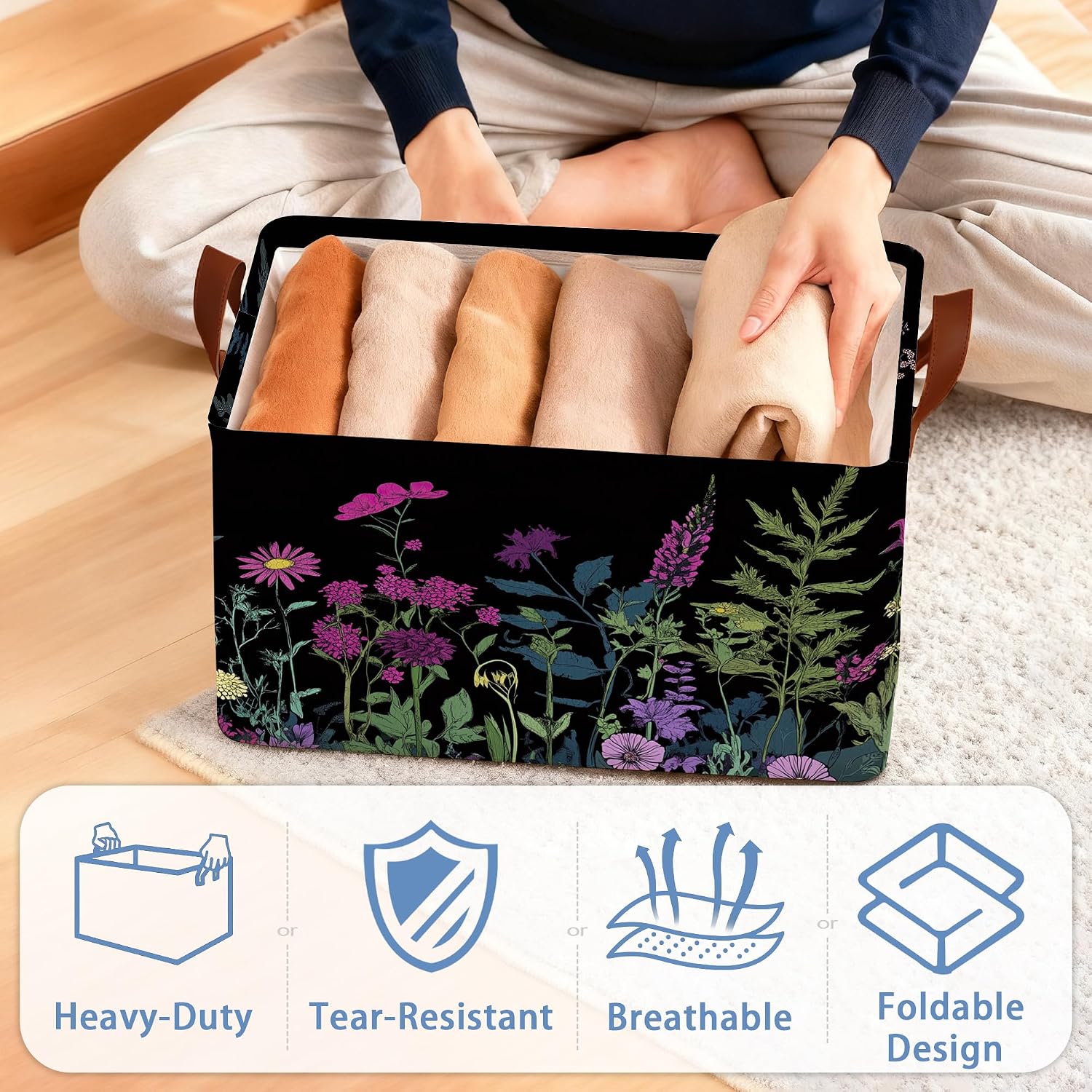 Vintage Wildflowers Storage Baskets,Garden Plants Herb Foldable Large Capacity Organizer Bins with Waterproof Lining and Leather Handles for Closet,Shelf,Bedroom 17x11.5x10Inch