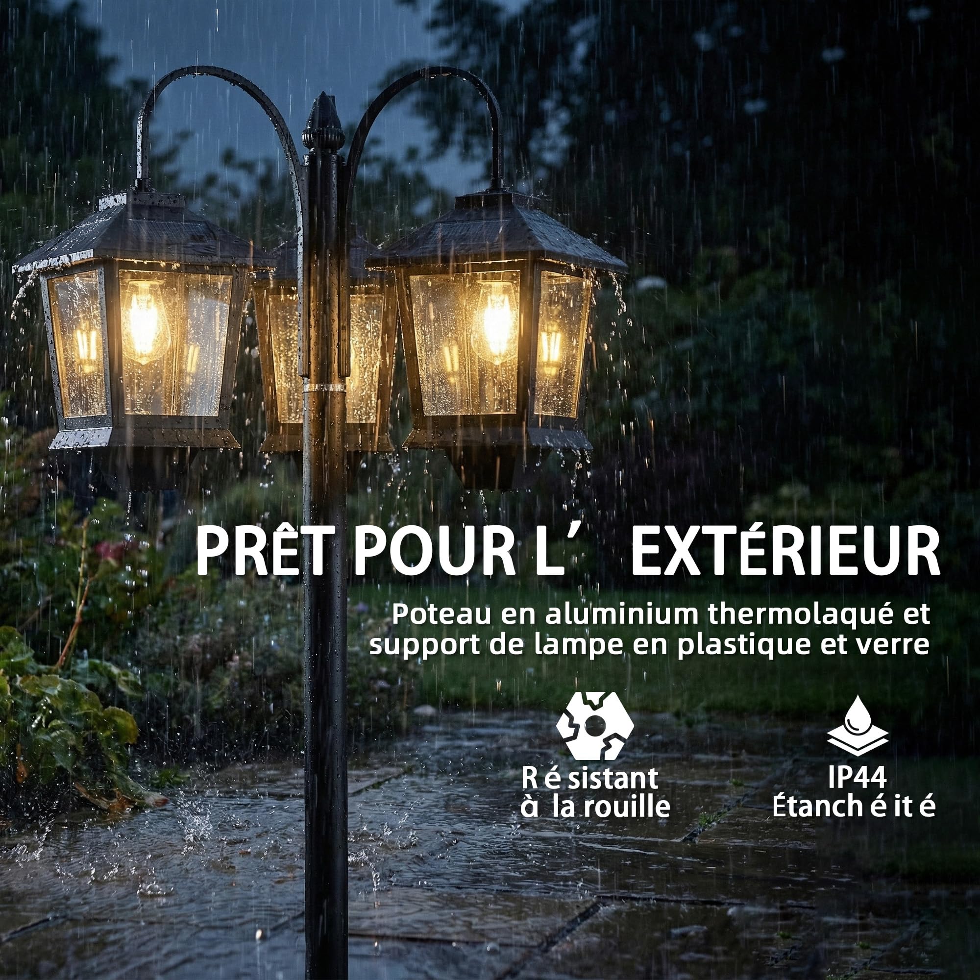 Outsunny Lampadaire extérieur sur pied à 3 têtes LED IP44 188 cm Noir