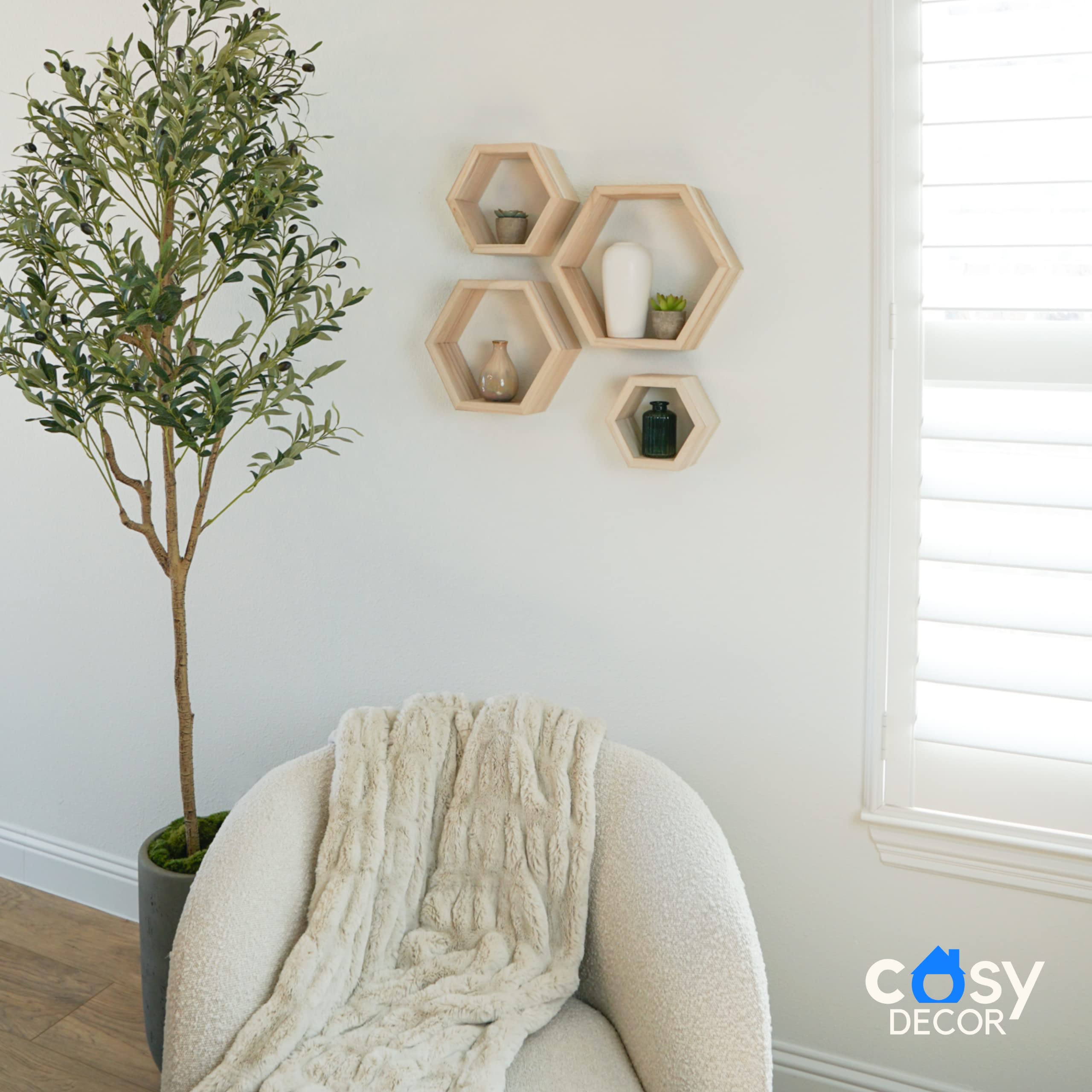 Estantes hexagonales – Estantes flotantes de madera natural – Juego de 4 – Estante de pared para dormitorio, oficina, sala de estar y baño – Decoración de pared de granja – Estantes decorativos de
