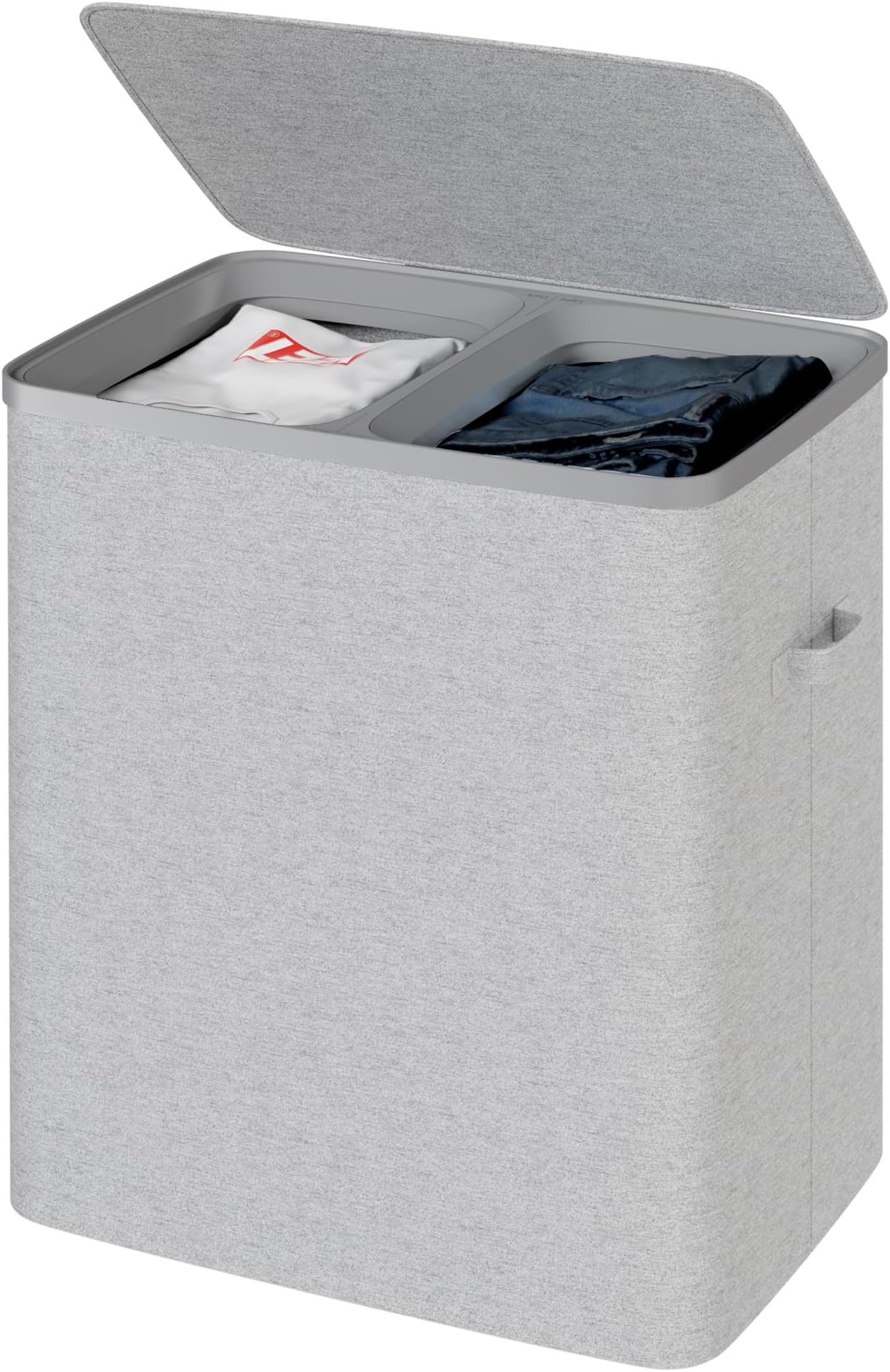 Dual Section 90 liter/23.8 gallon Laundry Hamper Separation Basket with lid, 2 Removable Washing Bags with Handles,Large Laundry Sorter for Easy Clothes Separation - Gray