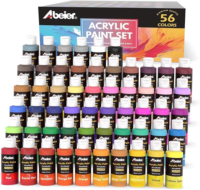 ABEIER Ensemble de peintures acryliques, 56 Couleurs (2oz/60ml), Finition Matte, Imperméable, Pigments Riches, Peintures Non-Toxic pour Peinture sur Toile Artisanat Bois céramique, Tissu Idéal pour les débutants et les étudiants
