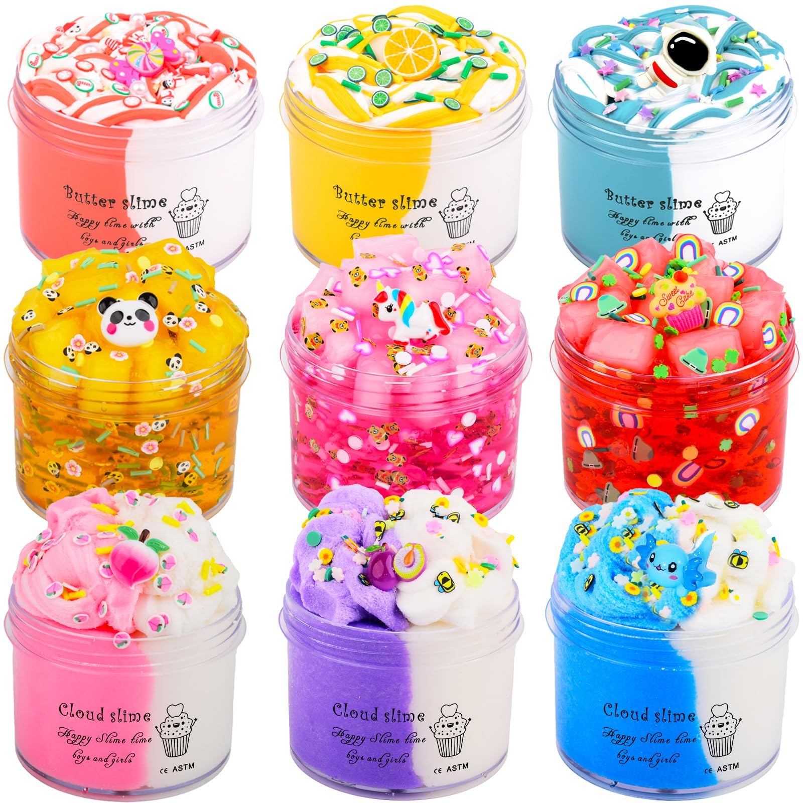 9 Pack Slime Kit, 3 Cloud, 3 Butter & 3 Crunchy Slimes, Soft & Non Stick, Party Favors for Girls & Boys, Birthday Favors