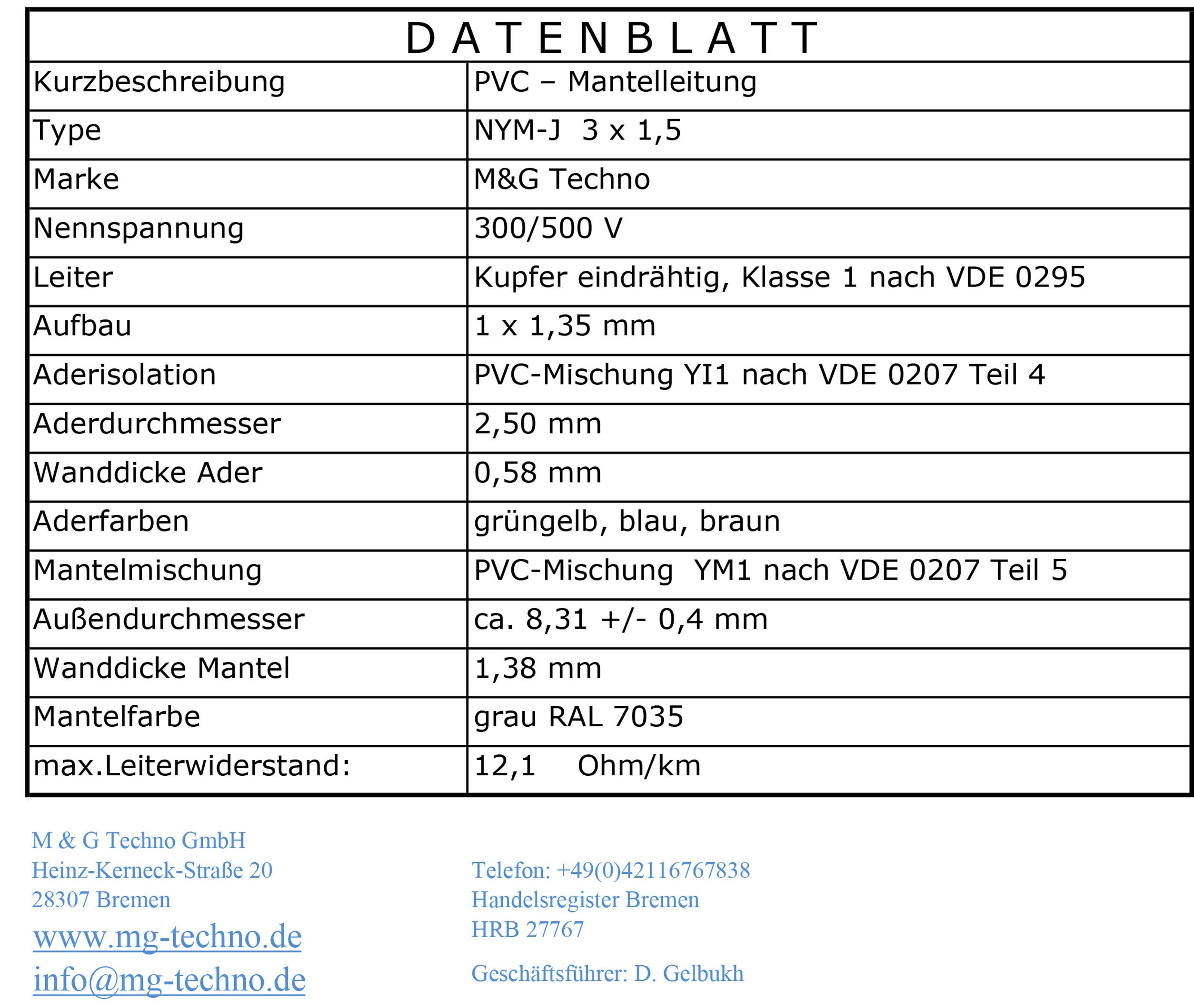 M&G Techno NYM-J 3x1,5 Mm² Mantelleitung - 10m, Feuchtraumkabel, Kupfer, Made In Germany, Grau