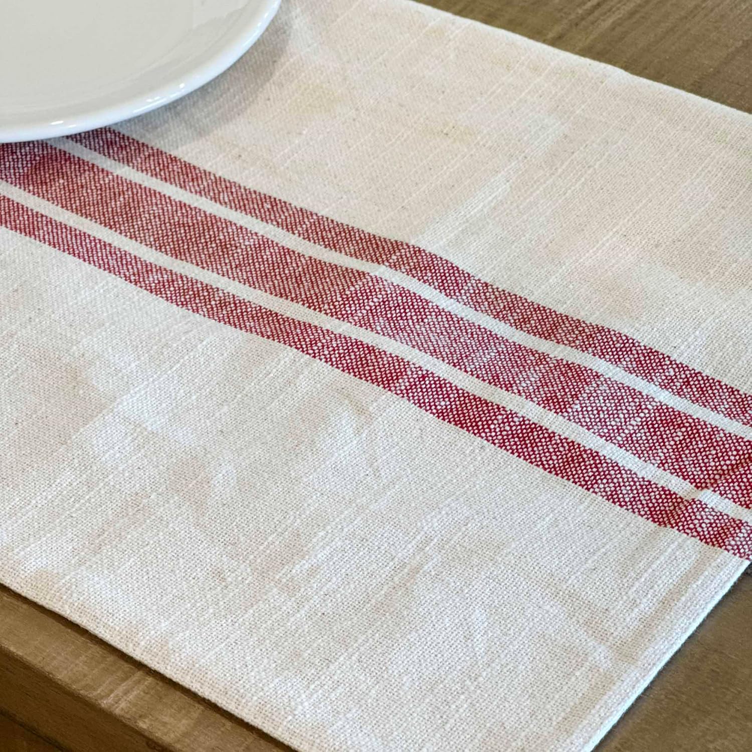 Market Place Red Grain Sack Stripe Placemats, Set of 4, 12" x 18", Farmhouse Kitchen Table Cover, Cream and Red