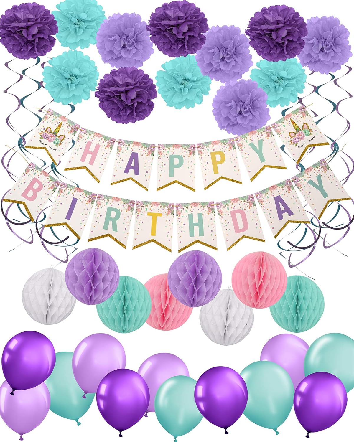 Party Supplies Birthday Decorations Unicorn Happy Birthday Banner, Pom Pom Flower