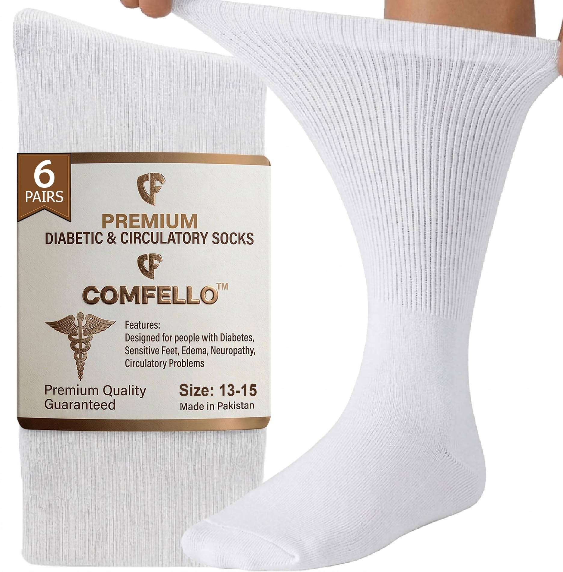 Photo 1 of COMFELLO Diabetic Socks for Men and Women – Non-Binding Cotton Crew Socks - Neuropathy & Circulation Support – (6-Pairs) White 10-13