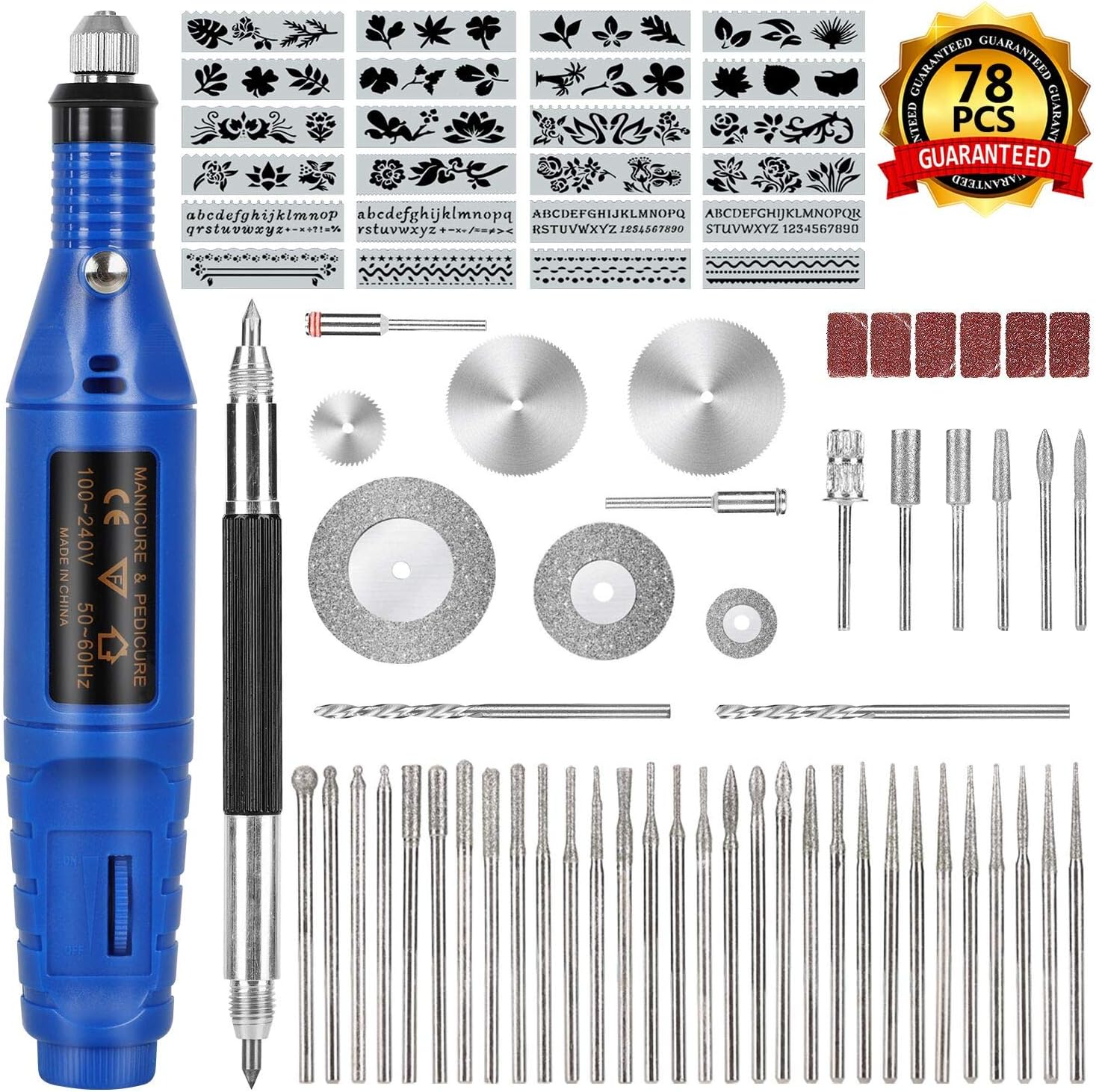 78 Pcs Engraving Tool Kit, Electric Wired Micro Engraver, Multi-Functional Mini DIY Etching Pen with Scriber Etcher 44 Bits, 6 Polishing Head and 24 Stencils for Polishing Glass Jewelry Wood