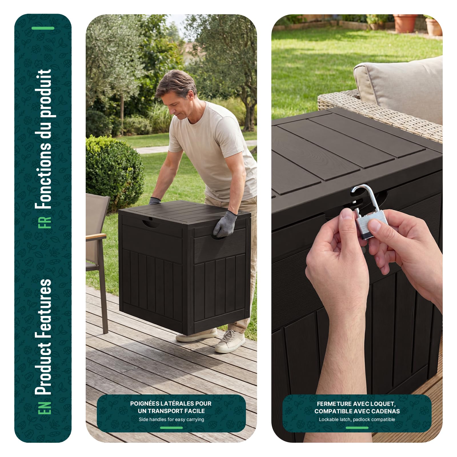 VOUNOT® Baule da Esterno 126L con Coperchio e Maniglie Incassate, Cassapanca da Giardino Impermeabile e Resistente ai Raggi UV 56x43x53 cm, per Terrazza, Balcone e Piscina, Effetto Legno, Marrone