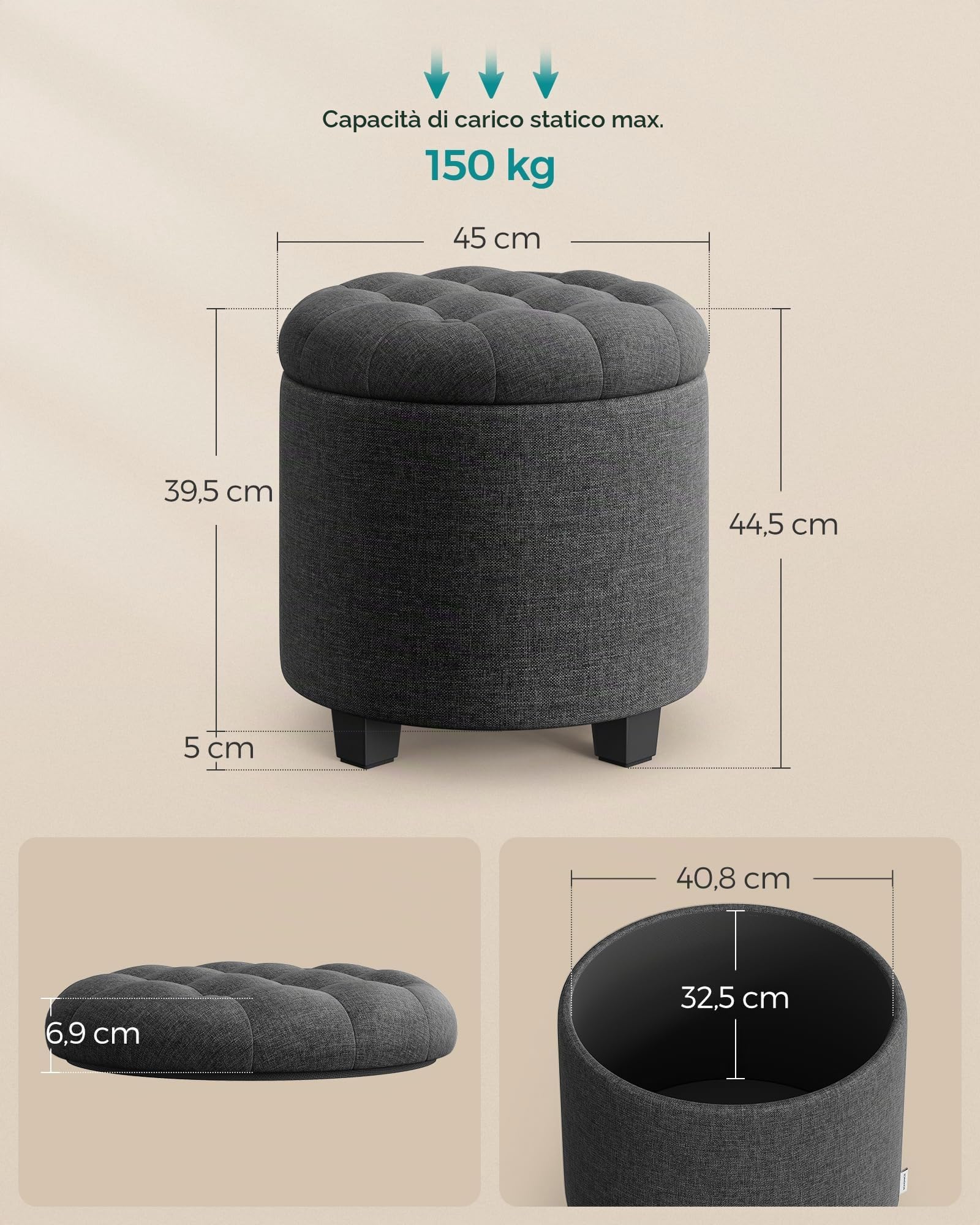 SONGMICS Pouf Contenitore Rotondo, Cassapanca, 45 x 45 x 44,5 cm, Poggiapiedi con Gambe, Tessuto Effetto Lino, Portata Fino a 150 kg, per Soggiorno, Camera da Letto, Grigio Scuro LOM011G01V1