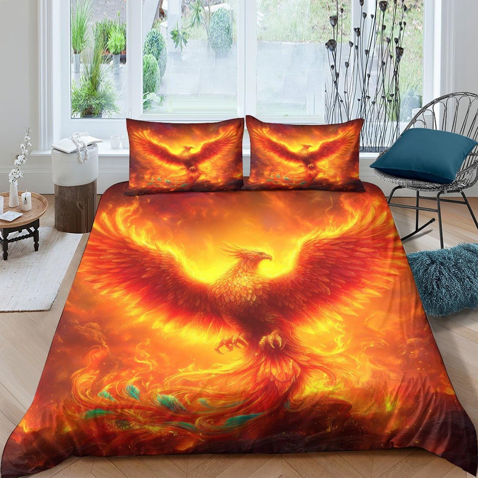 Ctjqhvkz Style-7 3D Printed Fiery Phoenix Fitted Sheet Microfiber Orange Flame Bed Cover Anti-Slip Machine Washable For Bedroom Dorm Decor Single（135X200cm）