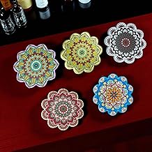 Ceramic Coaster for Table Decor, Set of 5 | U.V. Printed Mandala Art on Flower Shaped Ceramic with Cork Base for Anti-Skid | Gift for Housewarming Room Bar Decor (4.4 inches)