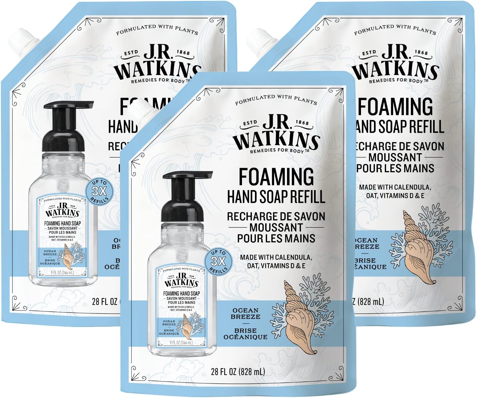 Foaming Hand Soap Refill, Moisturizing Foam Hand Wash, All Natural, Alcohol-Free, Cruelty-Free, USA Made, Ocean Breeze, 28 fl oz, 3 Pack